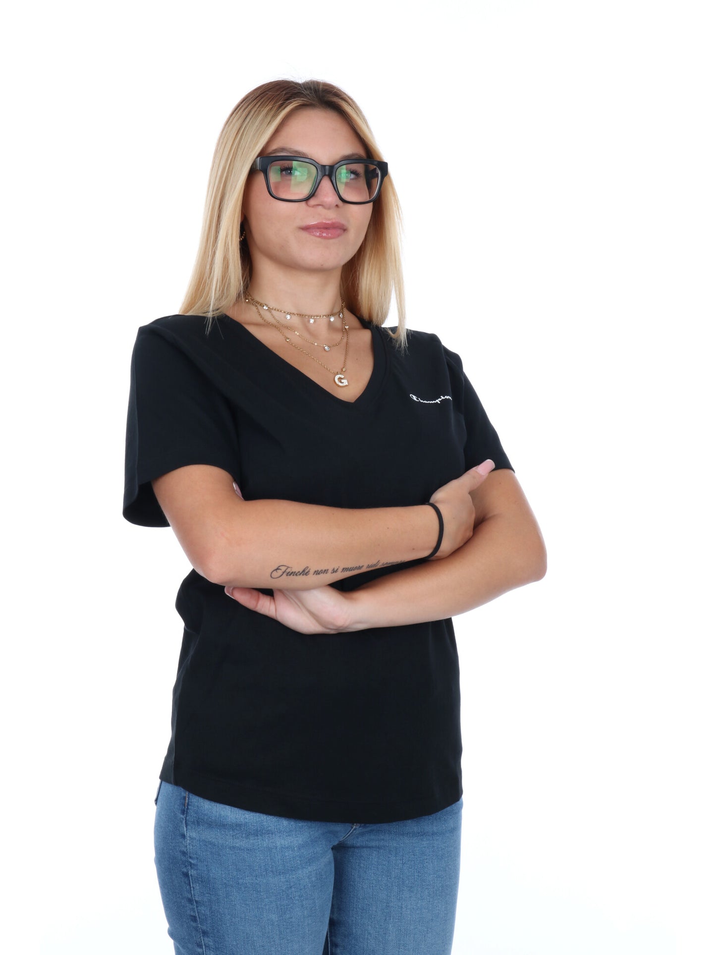 T-SHIRT COLLO A V CHAMPION DA DONNA NERO