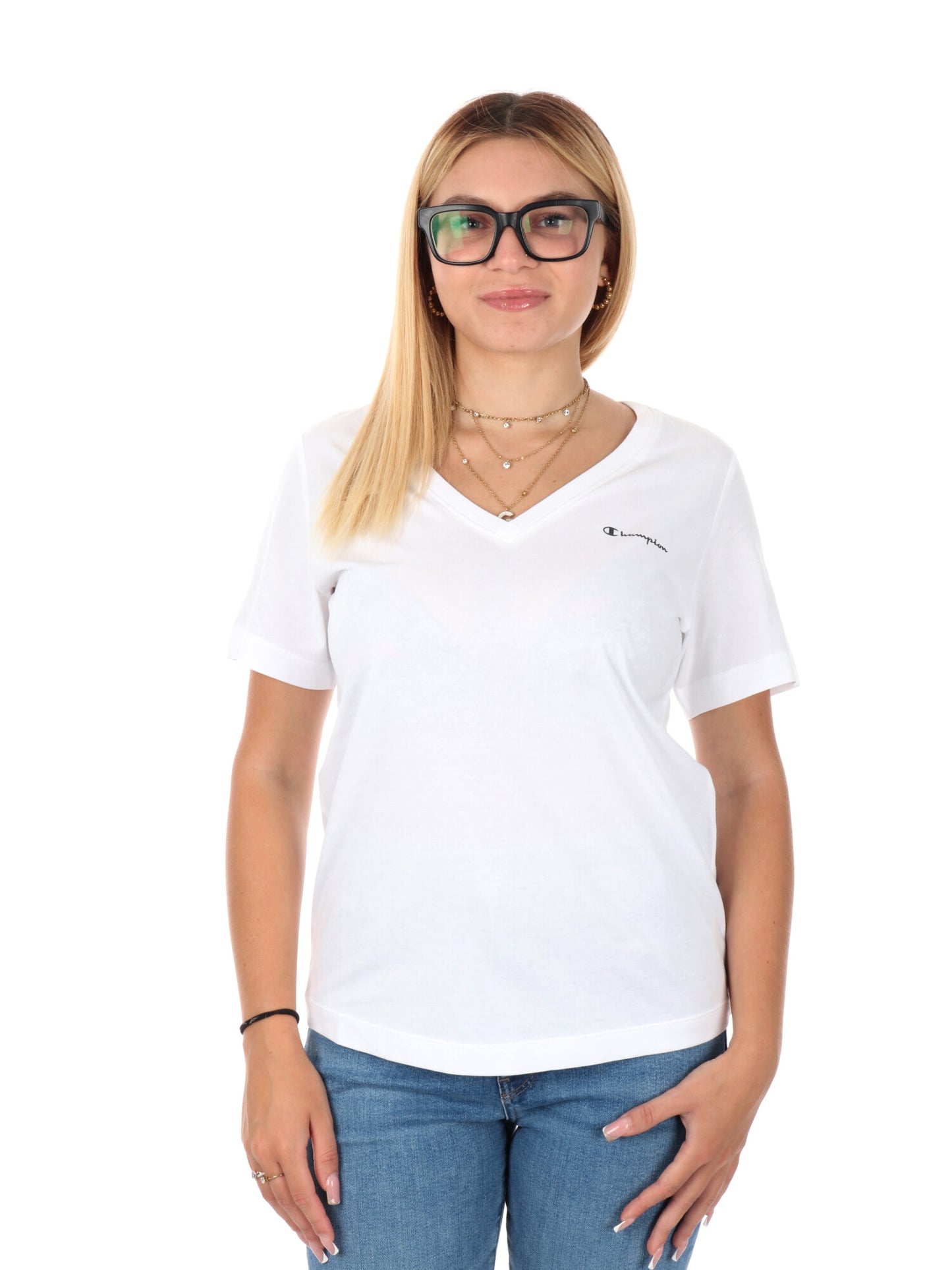 T-SHIRT COLLO A V CHAMPION DA DONNA BIANCO