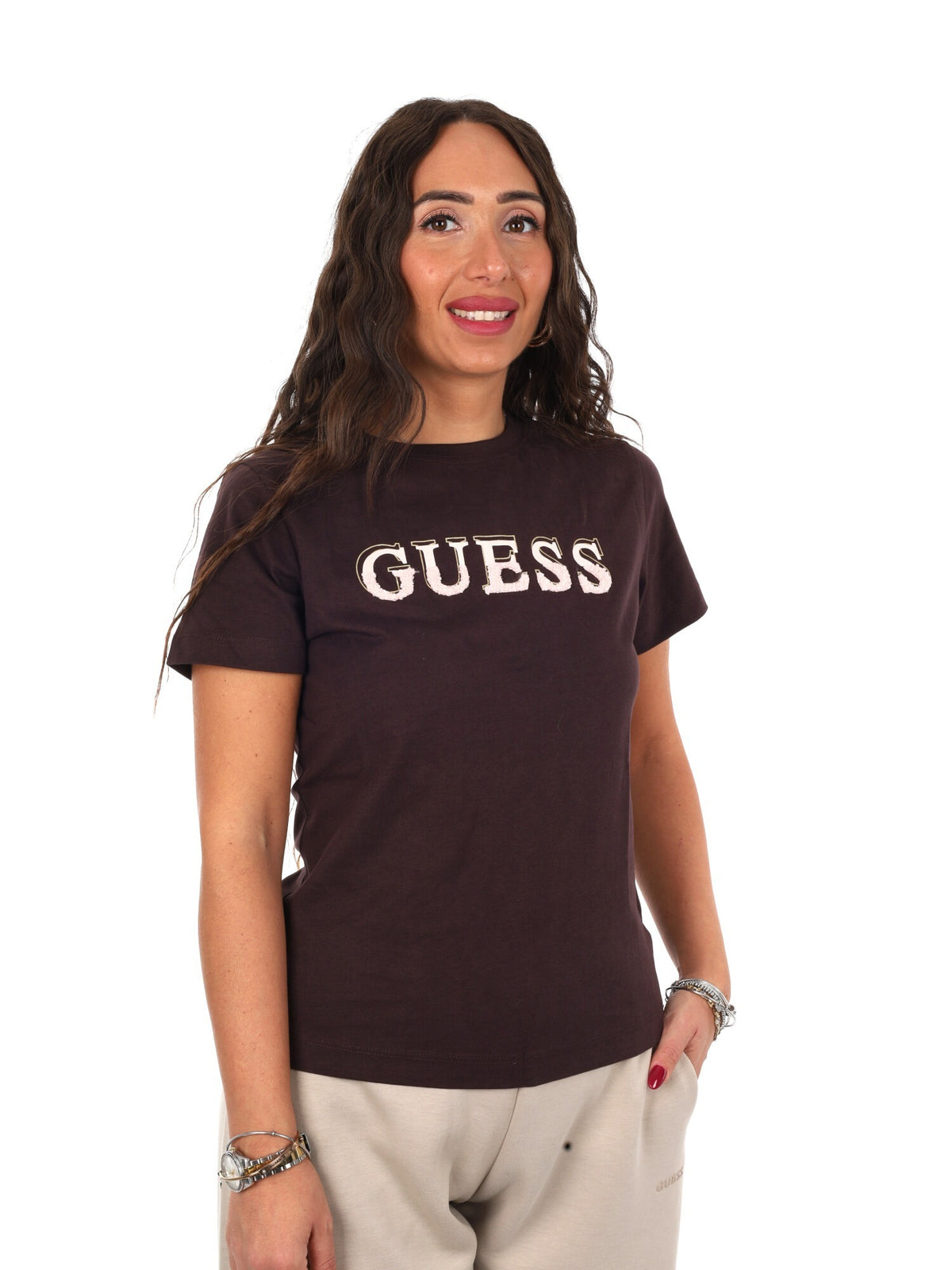 Guess fausta cn t-shirt da donna caffe'