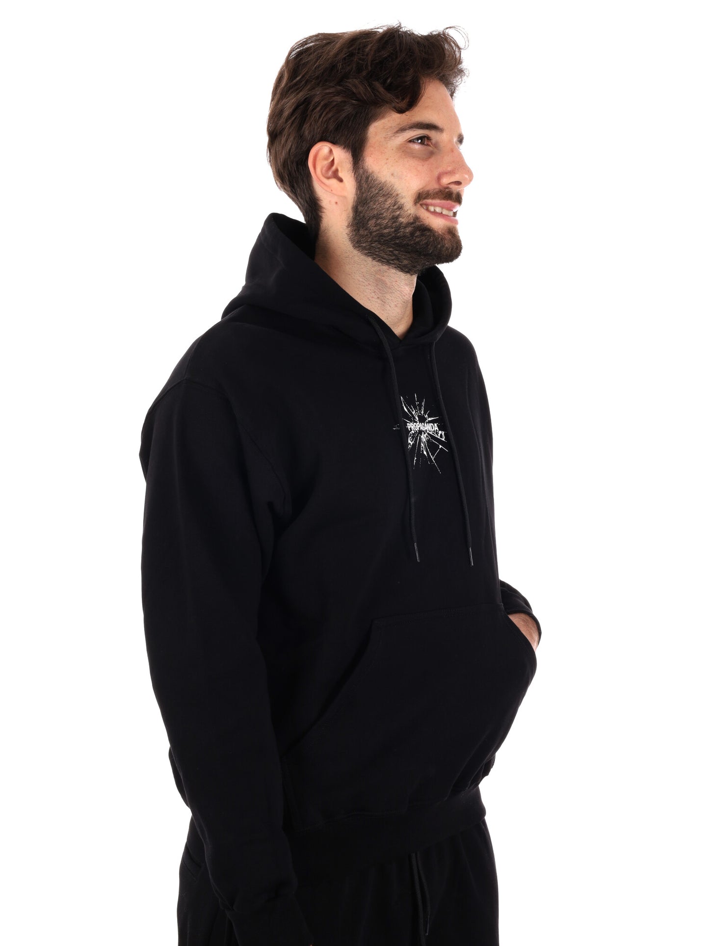 FELPA CON STAMPA E CAPPUCCIO PROPAGANDA DA UOMO NERO BIANCO