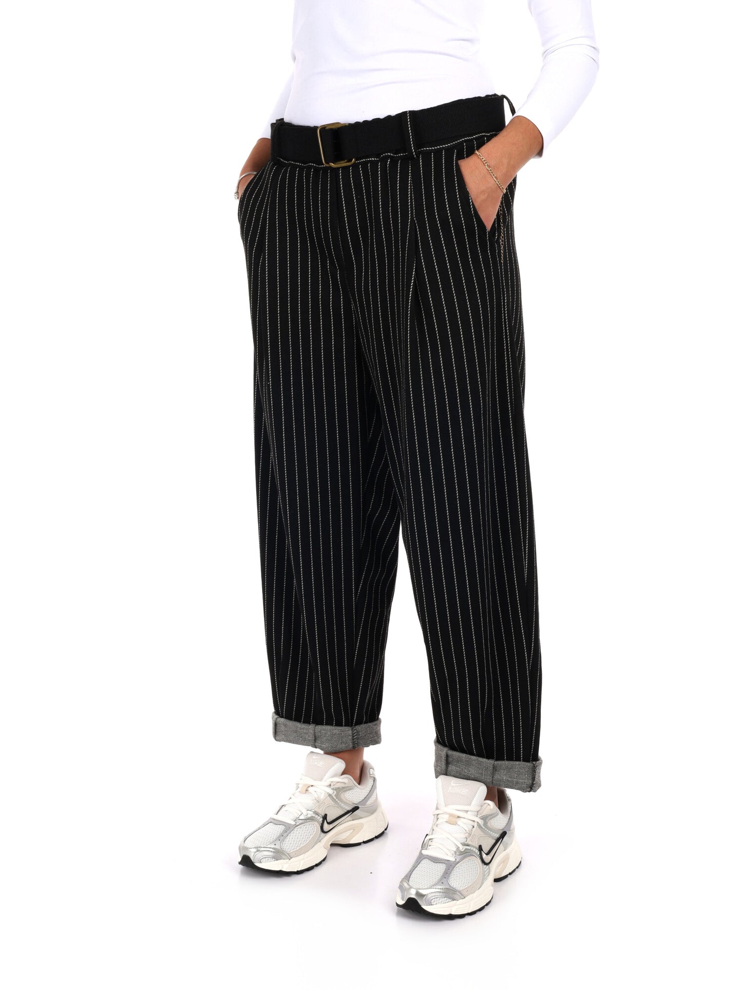 PANTALONE IN TESSUTO GESSATO MISS LOVE DA DONNA NERO