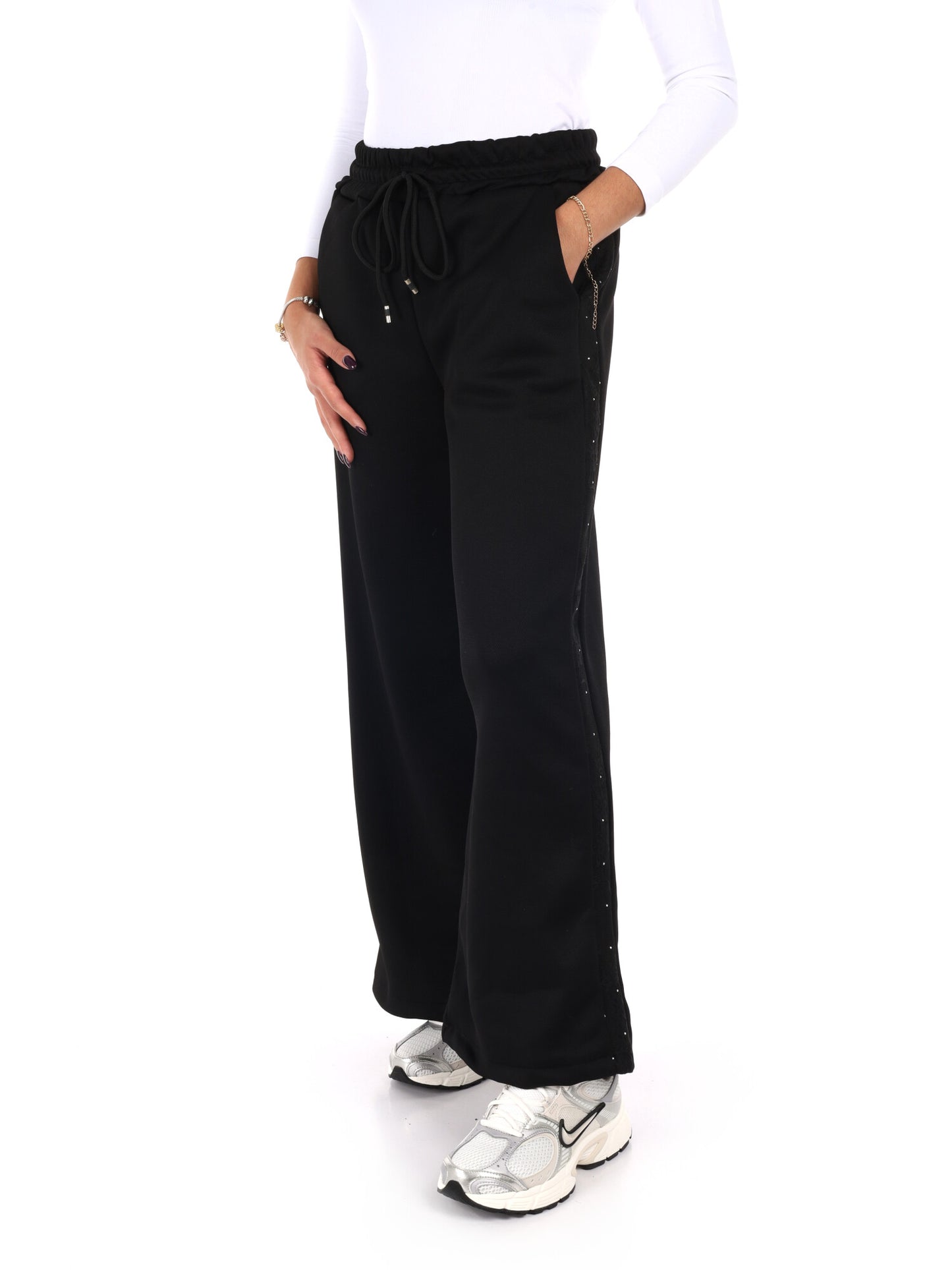 PANTALONE CON BANDA IN PIZZO E STRASS MISS LOVE DA DONNA NERO