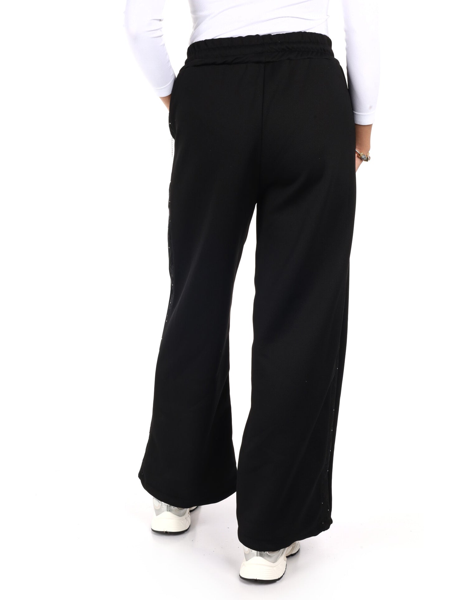 PANTALONE CON BANDA IN PIZZO E STRASS MISS LOVE DA DONNA NERO