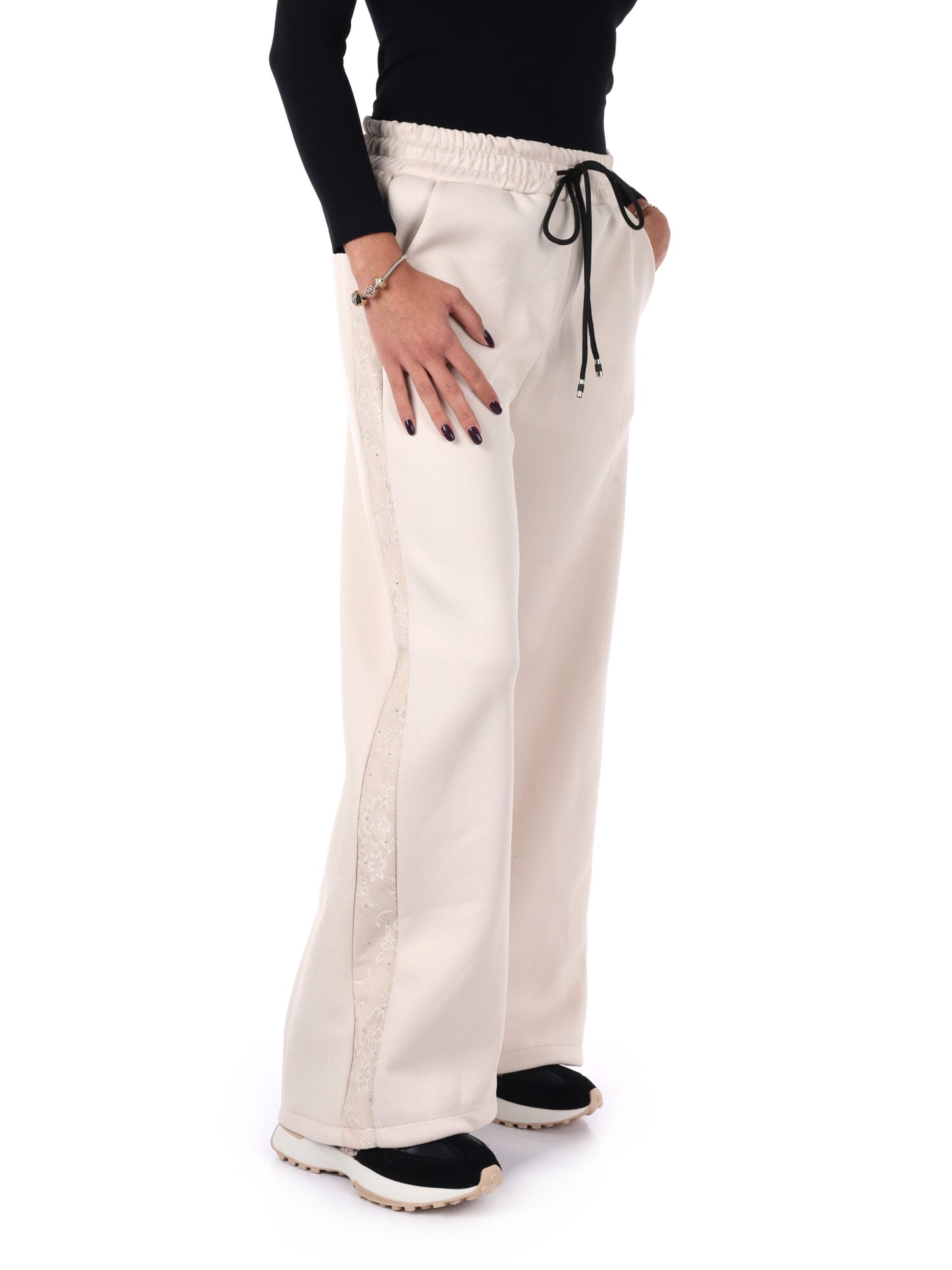 PANTALONE CON BANDA IN PIZZO E STRASS MISS LOVE DA DONNA PANNA