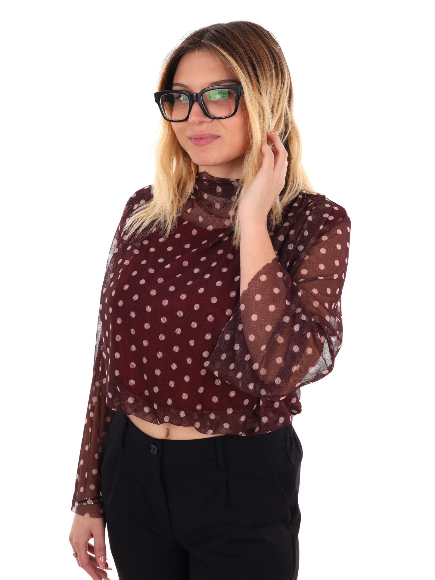 BLOUSA CROP A POIS MISS LOVE DA DONNA BORDEAUX
