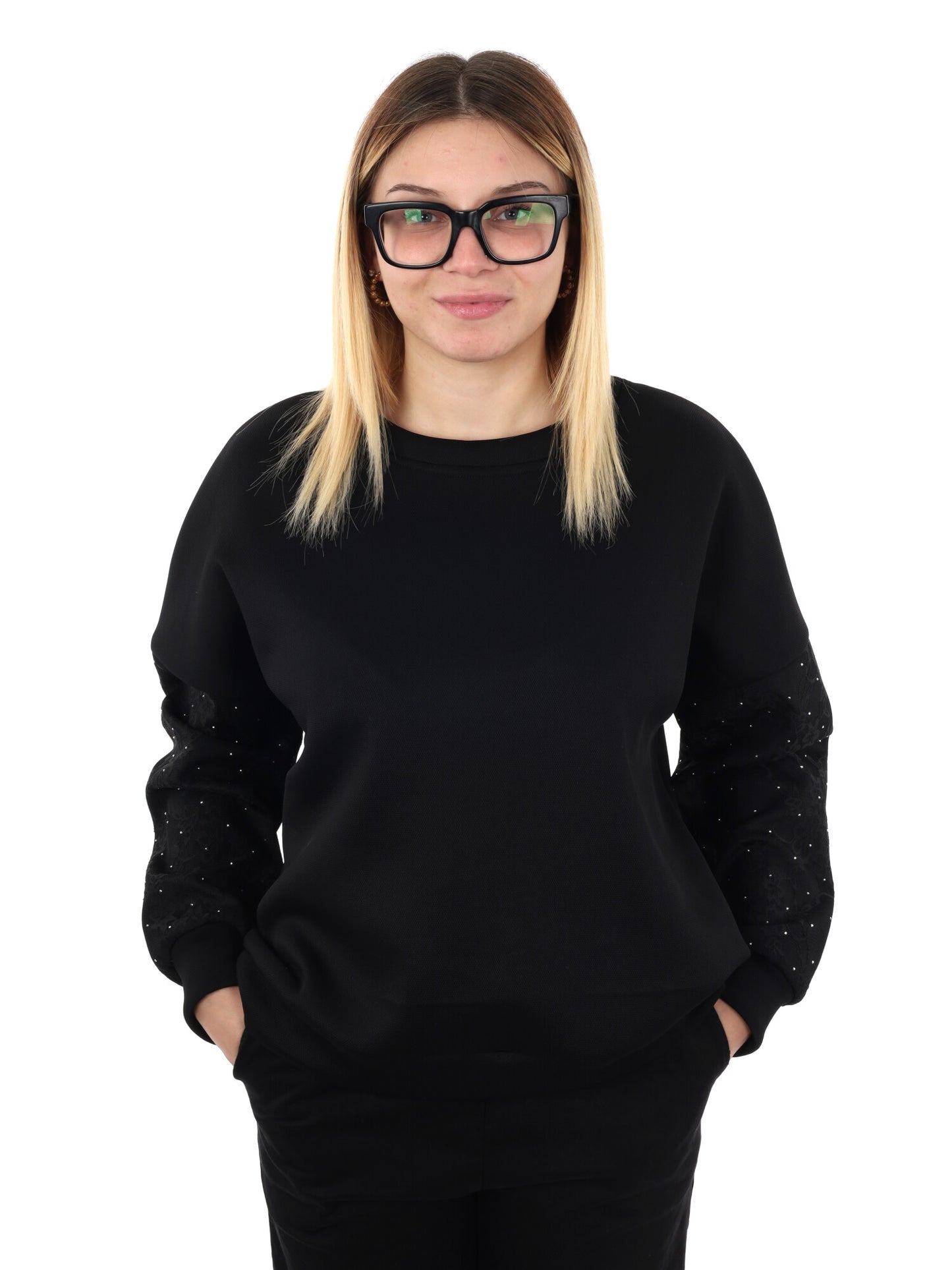 FELPA CON PIZZO E STRASS MISS LOVE DA DONNA NERO