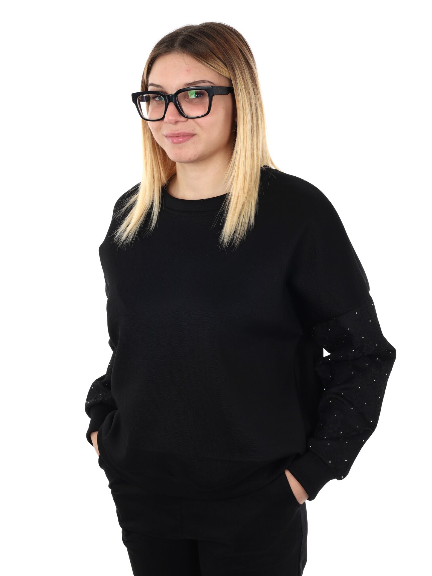 FELPA CON PIZZO E STRASS MISS LOVE DA DONNA NERO