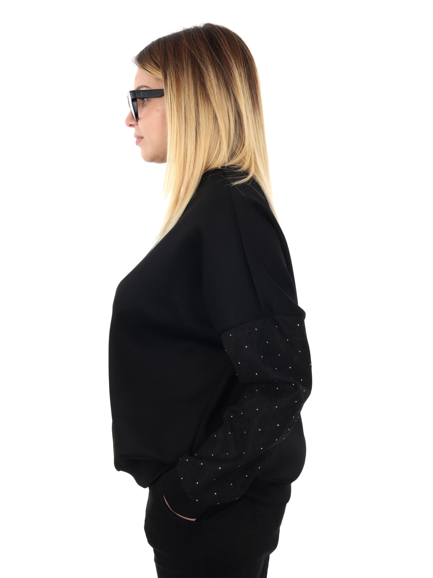 FELPA CON PIZZO E STRASS MISS LOVE DA DONNA NERO
