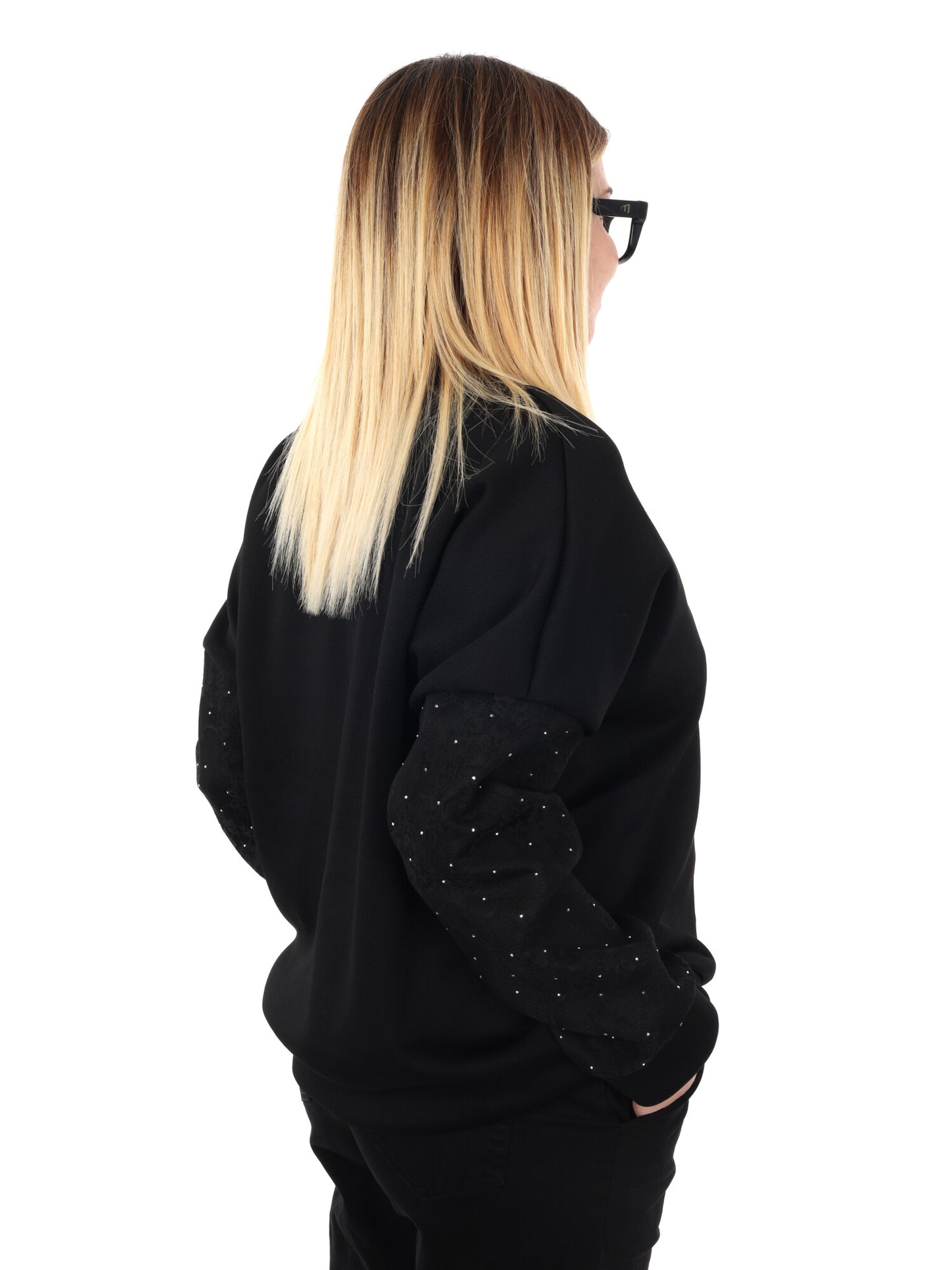 FELPA CON PIZZO E STRASS MISS LOVE DA DONNA NERO