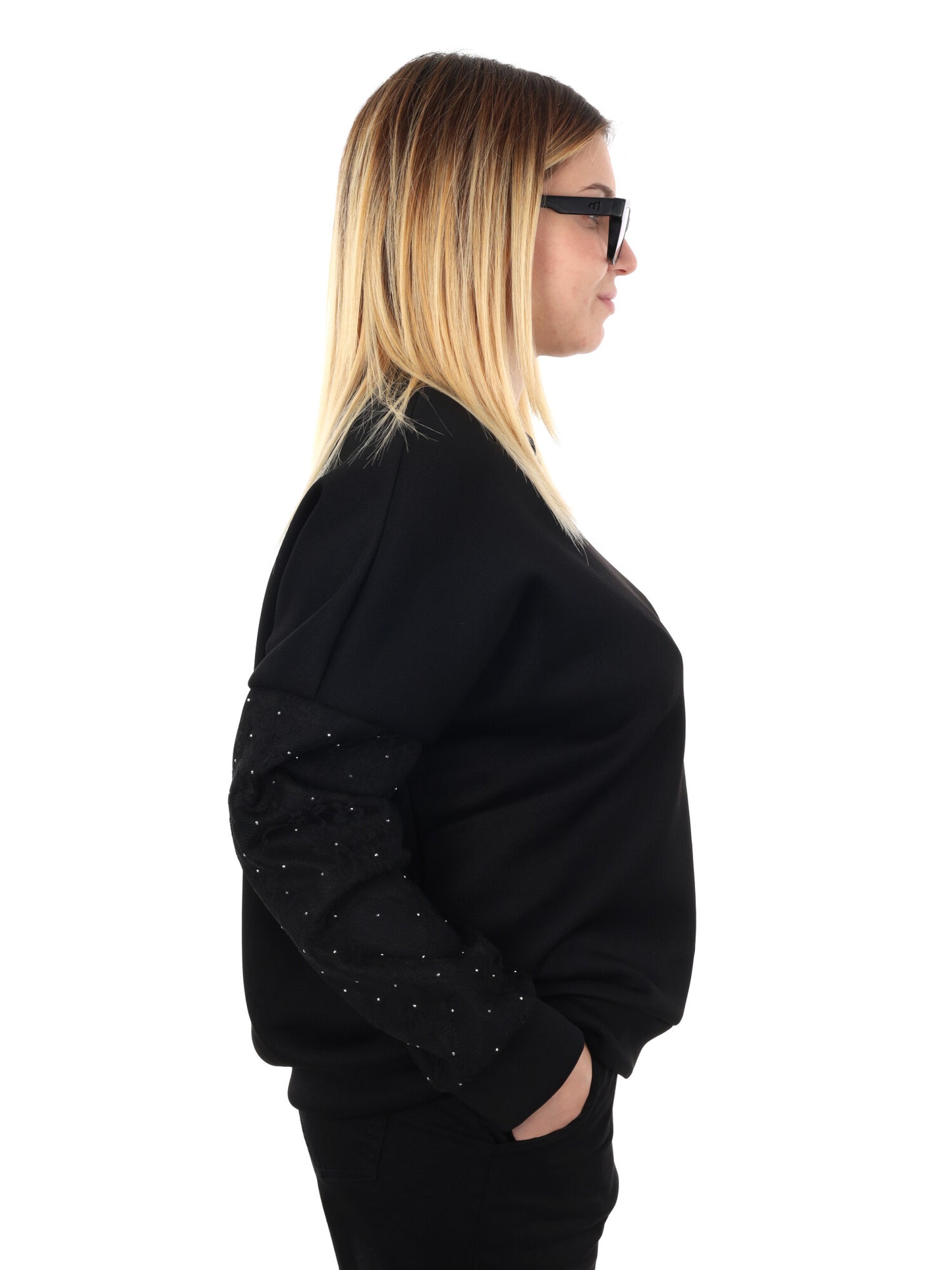 FELPA CON PIZZO E STRASS MISS LOVE DA DONNA NERO