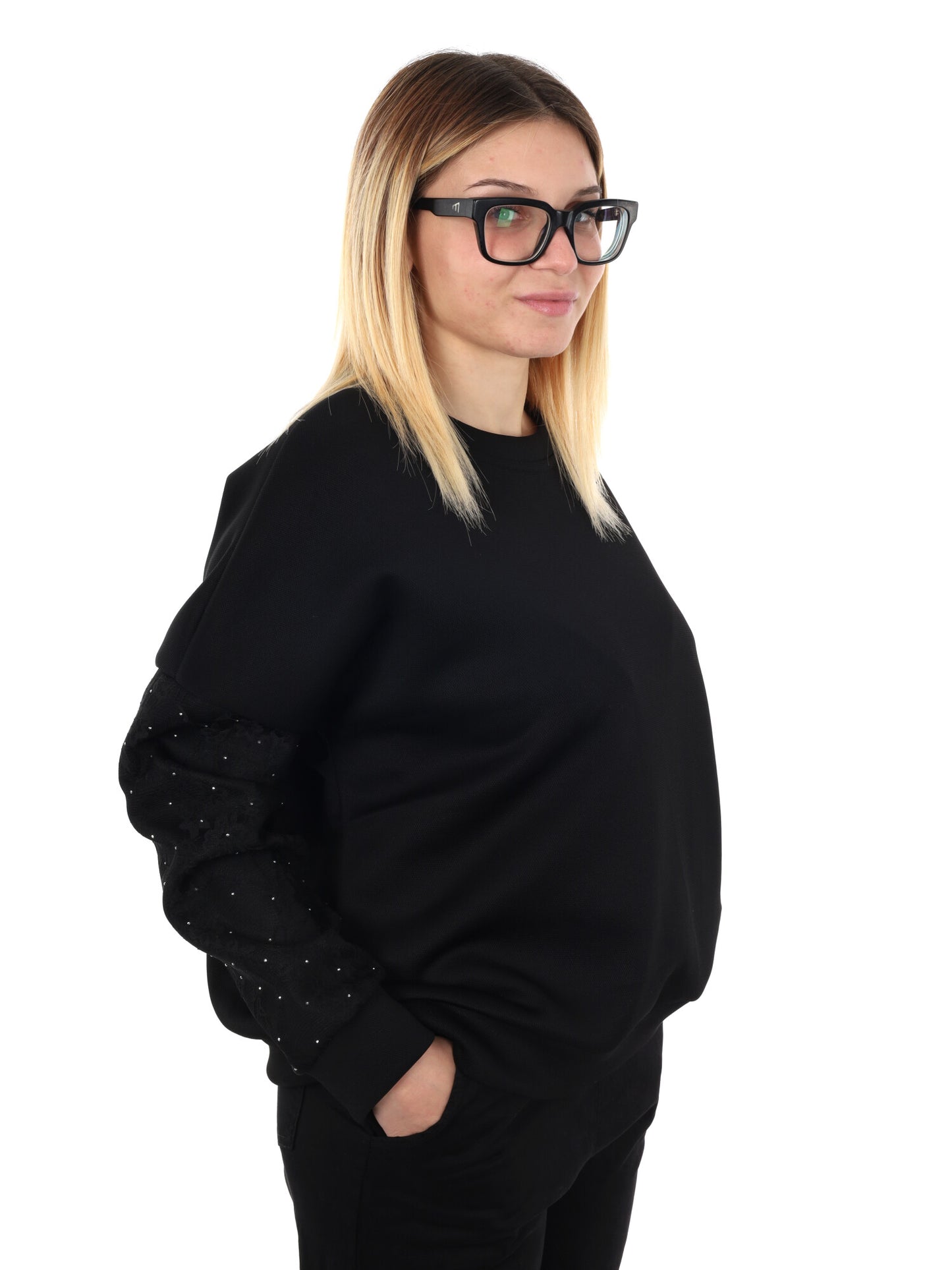 FELPA CON PIZZO E STRASS MISS LOVE DA DONNA NERO
