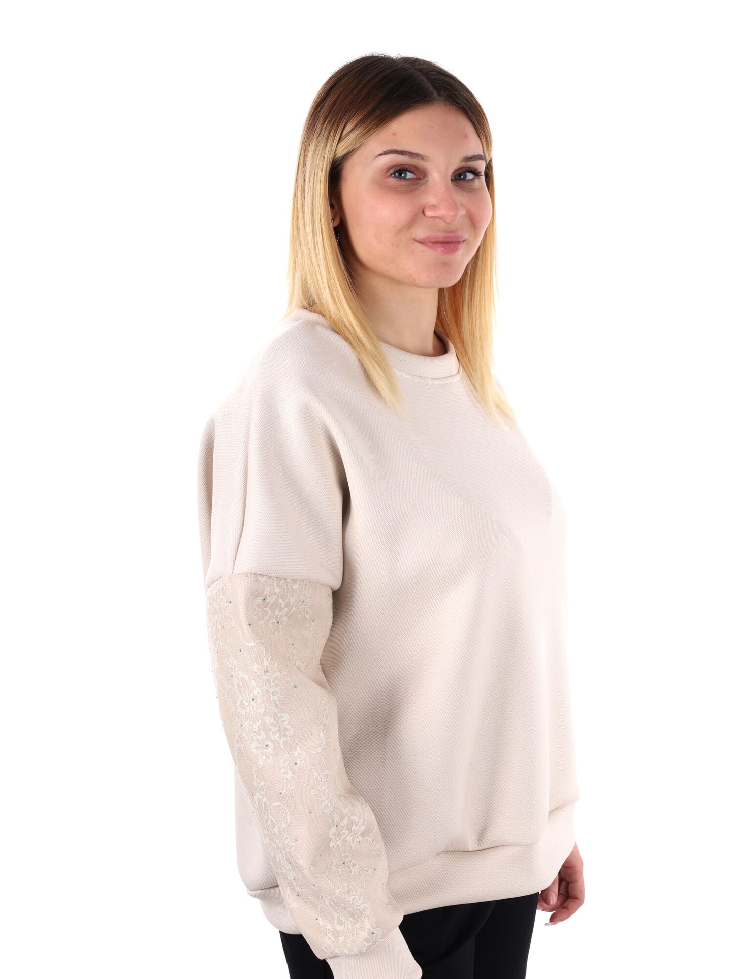 FELPA CON PIZZO E STRASS MISS LOVE DA DONNA PANNA
