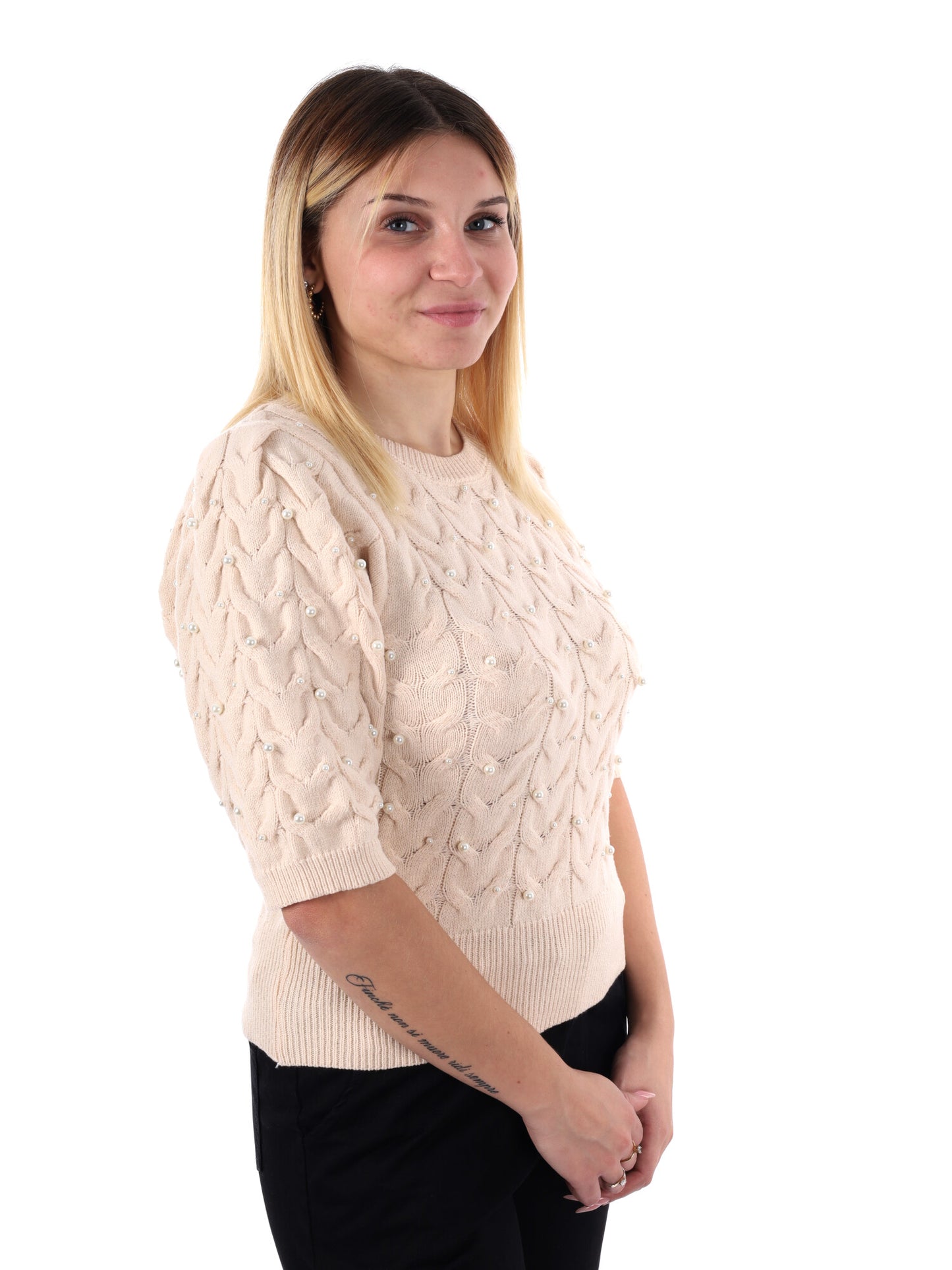 MAGLIA A MANICHE CORTE CON PERLE MISS LOVE DA DONNA CREMA
