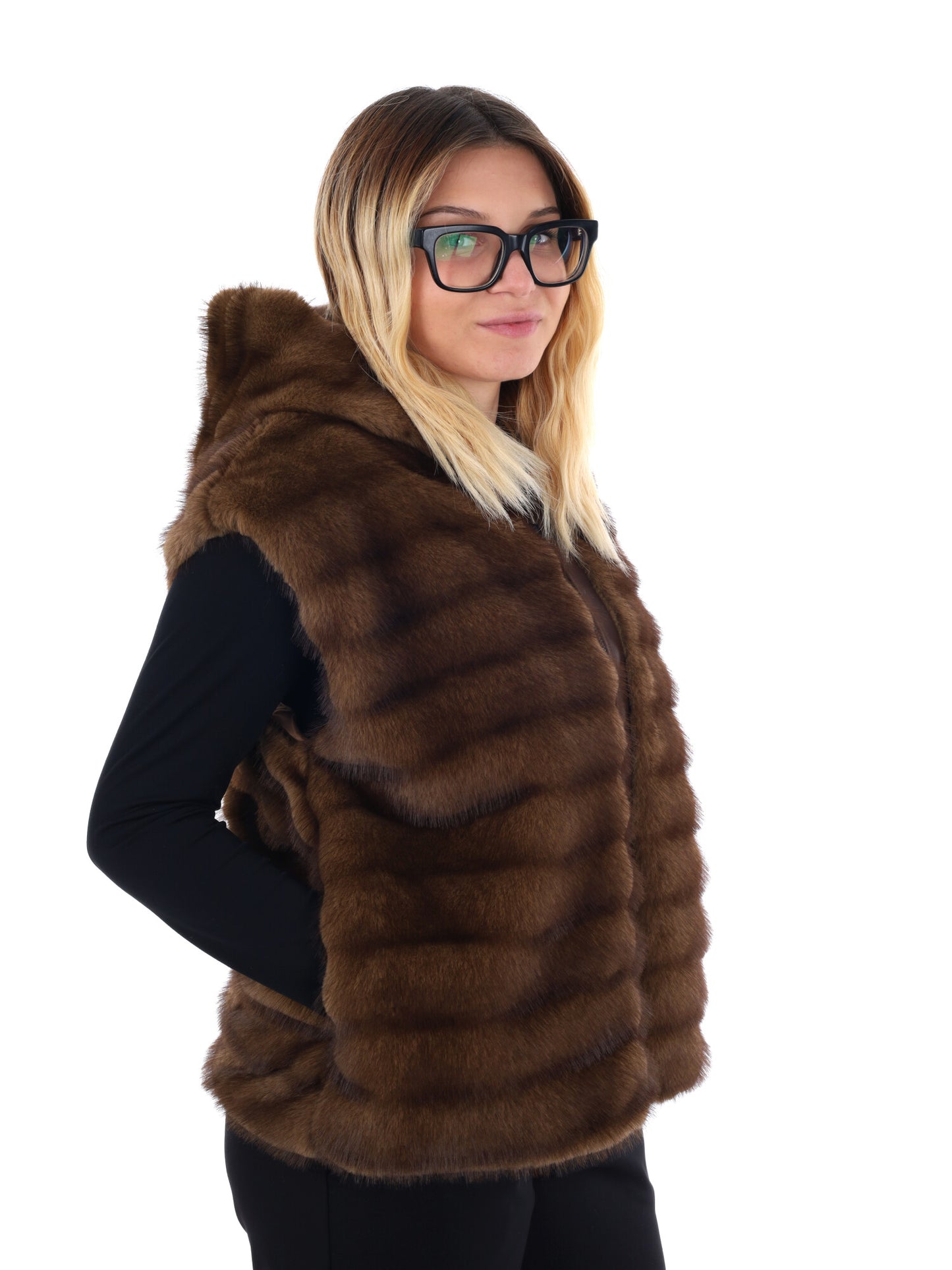 GILET CON CAPPUCCIO IN ECOPELLICCIA MISS LOVE DA DONNA MARRONE