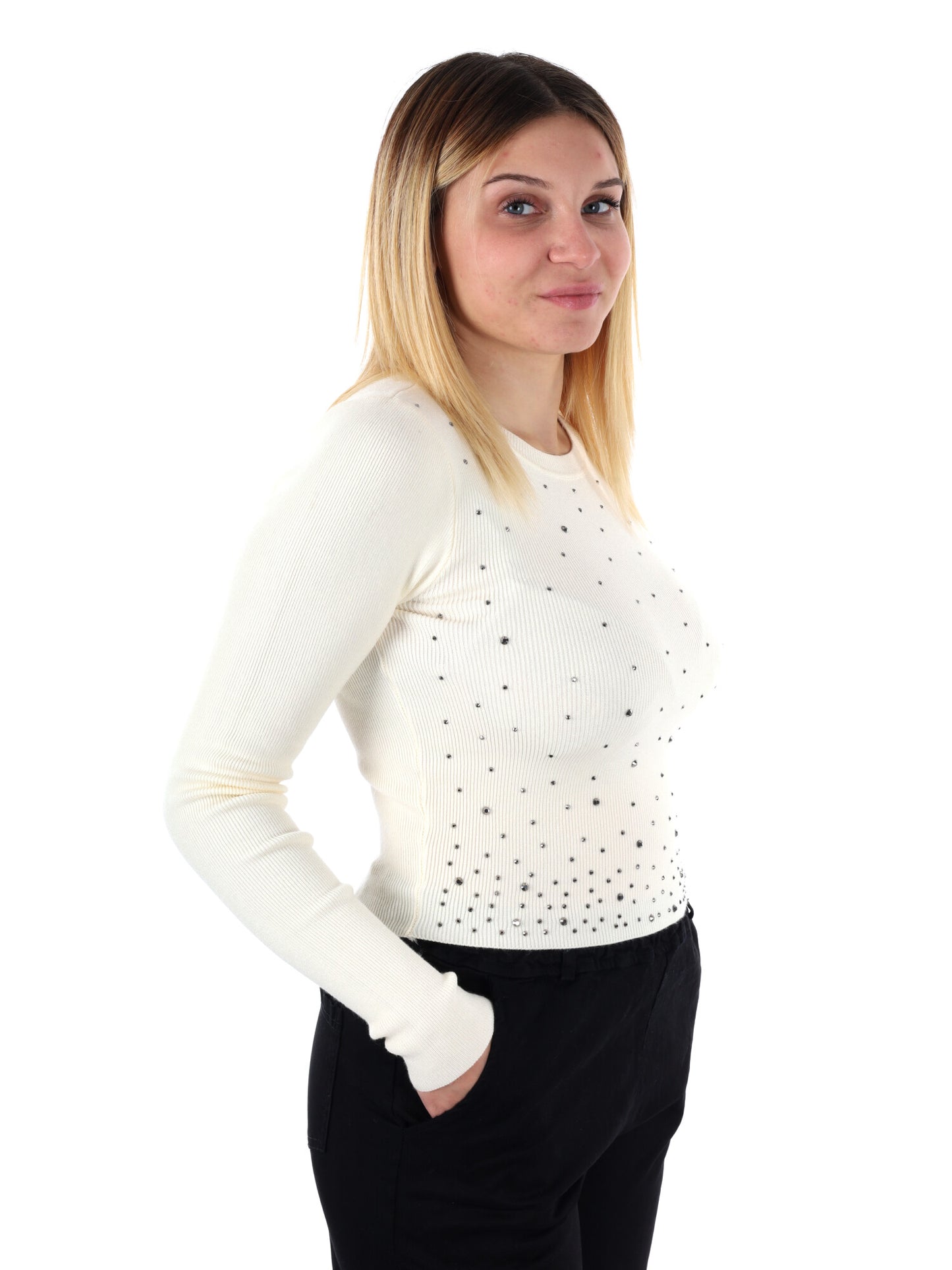 MAGLIA A MANICHE LUNGHE CROP CON STRASS MISS LOVE DA DONNA PANNA