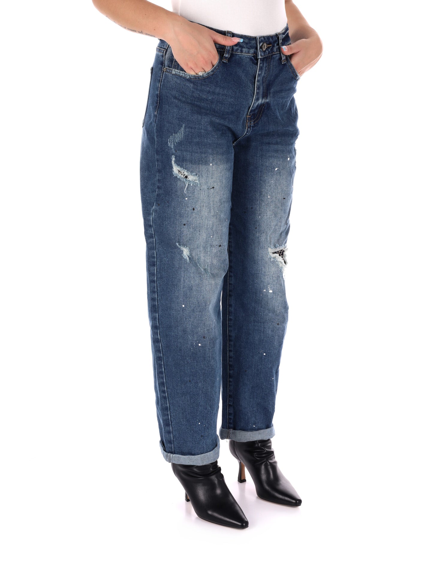 JEANS CON STRAPPI MISS LOVE DA DONNA DENIM SLAVATO BLU