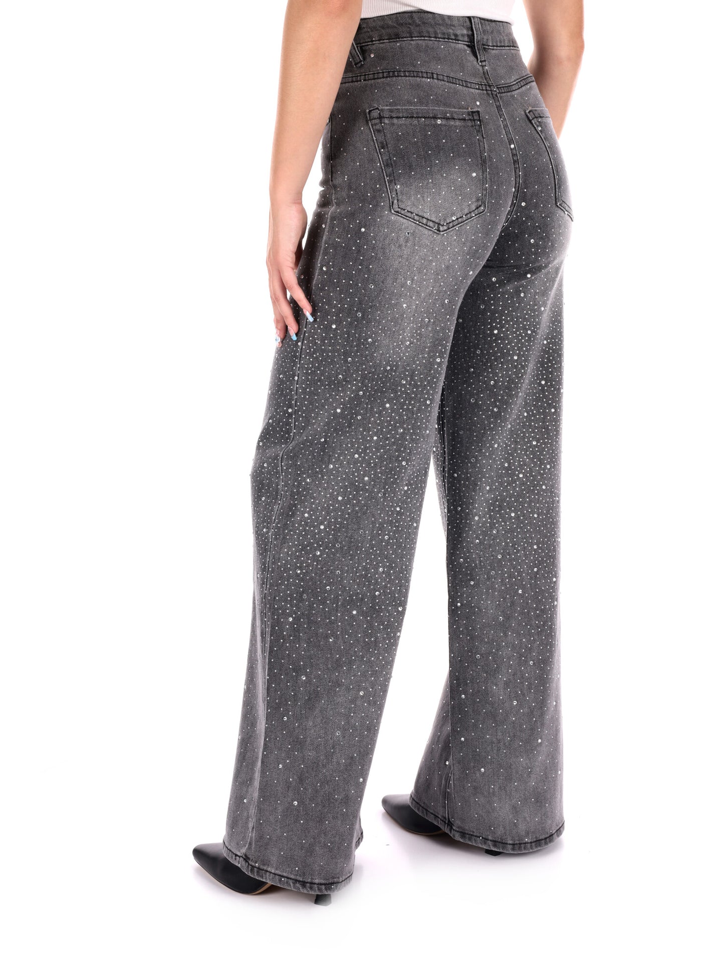 JEANS PANTAPALAZZO VITA ALTA CON STRASS MISS LOVE DA DONNA DENIM GRIGIO
