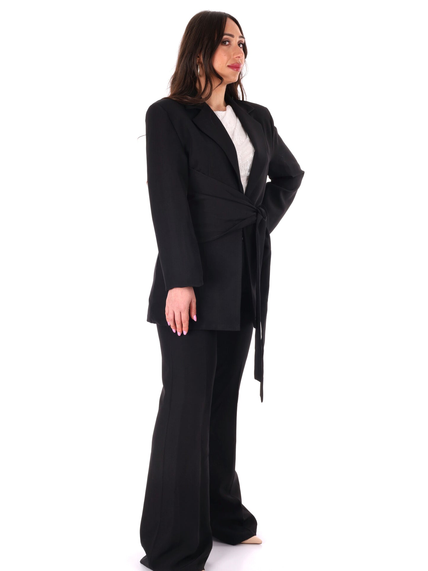 Completo elegante Miss Love da donna nero con fiocco in vita