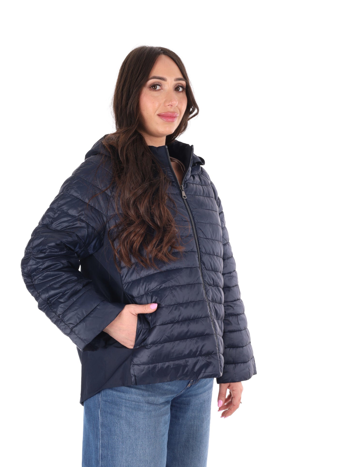 Giubbino leggero trapuntato blu con cappuccio da donna Miss Love