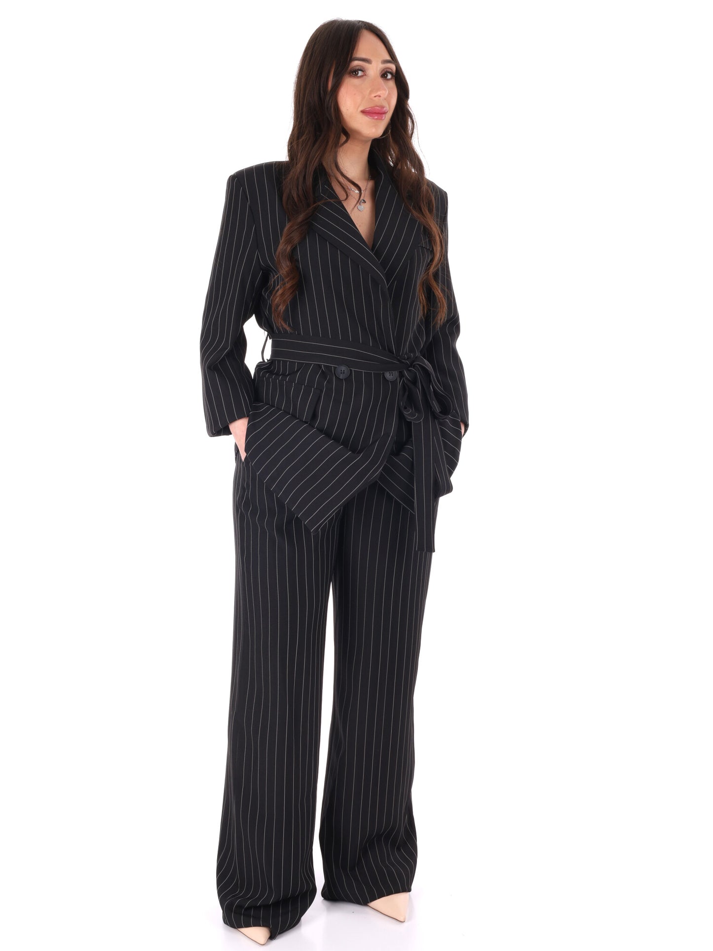 Completo tailleur nero gessato Miss Love elegante da donna