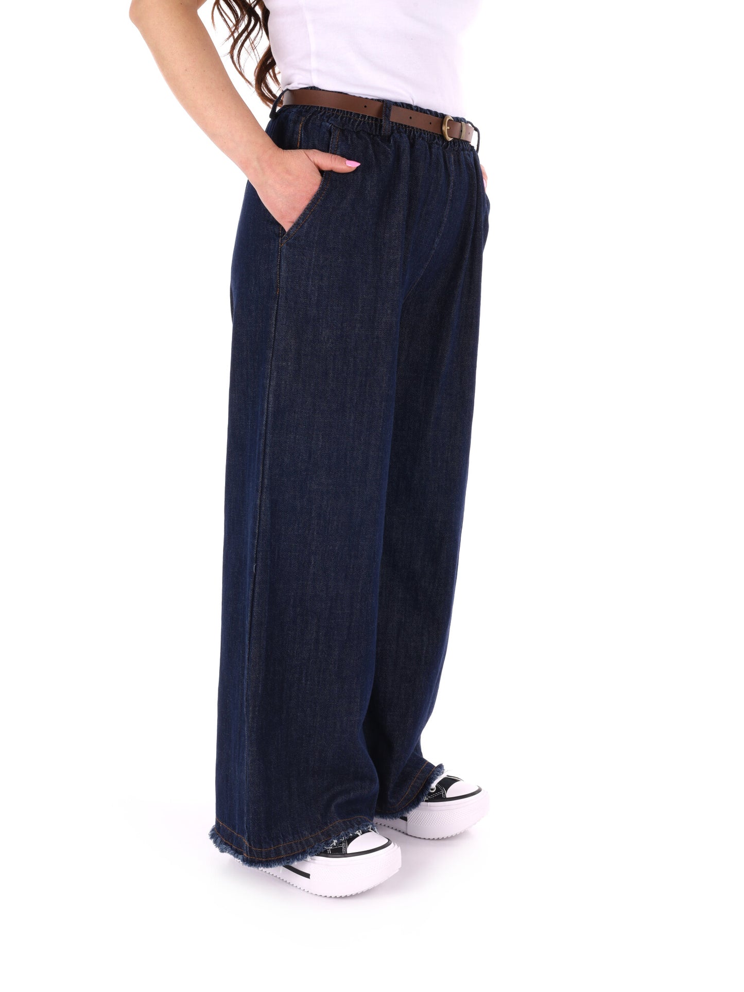 Jeans wide leg Miss Love da donna in denim con cintura