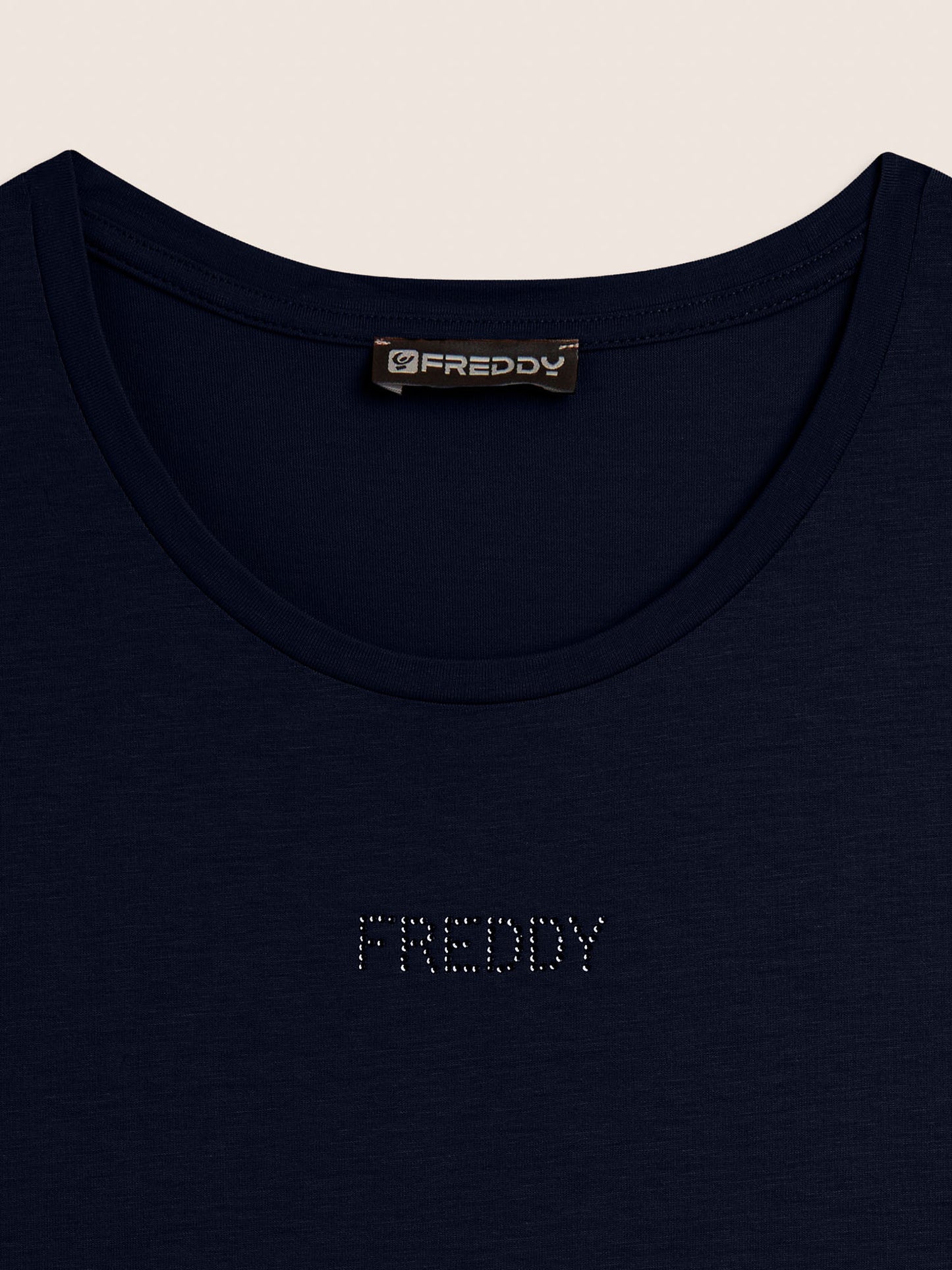 Freddy College Luxe, t-shirt donna blu con eleganti strass e cut-out