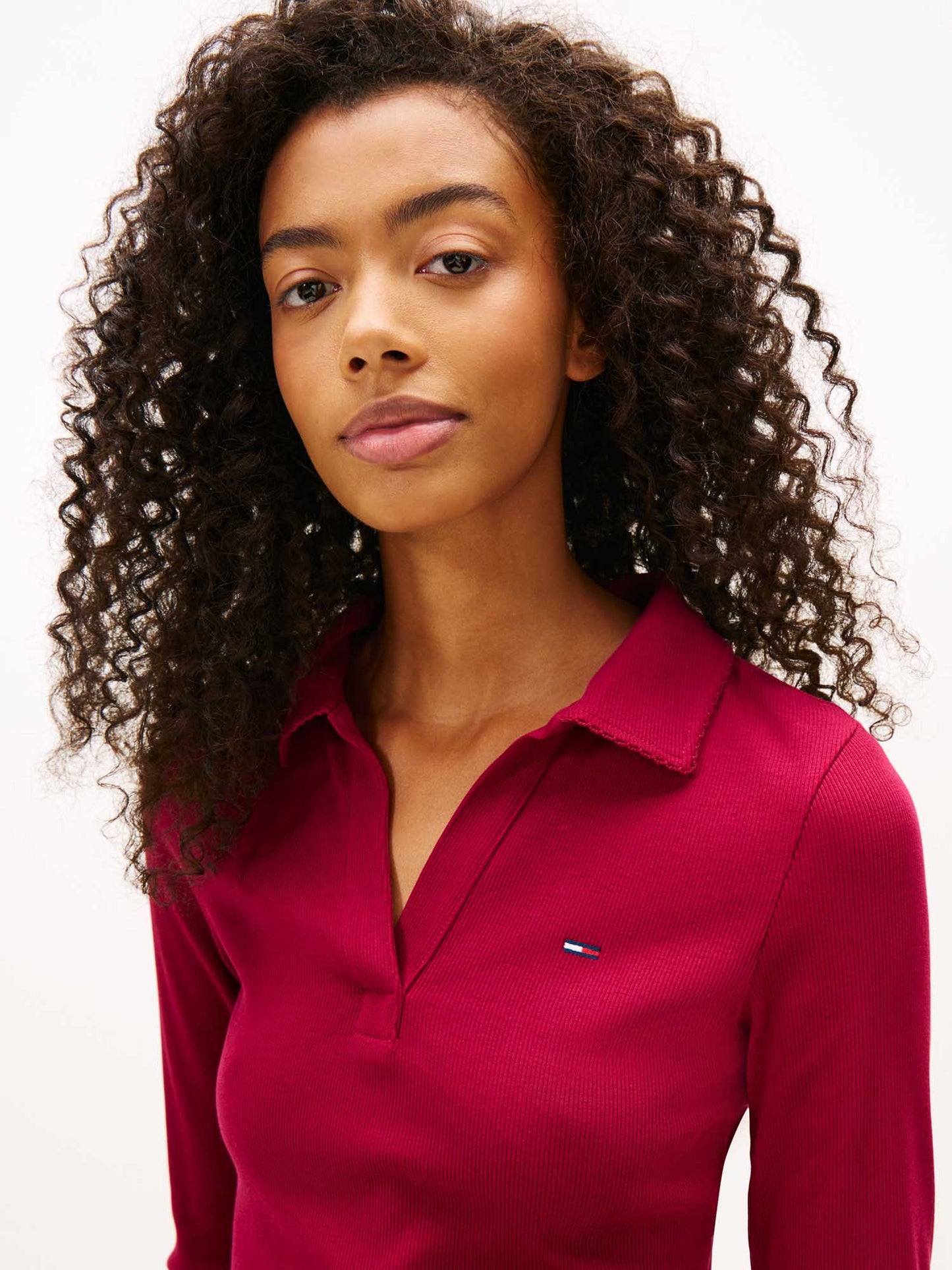Polo maniche lunghe slim donna in cotone rosso Tommy Jeans