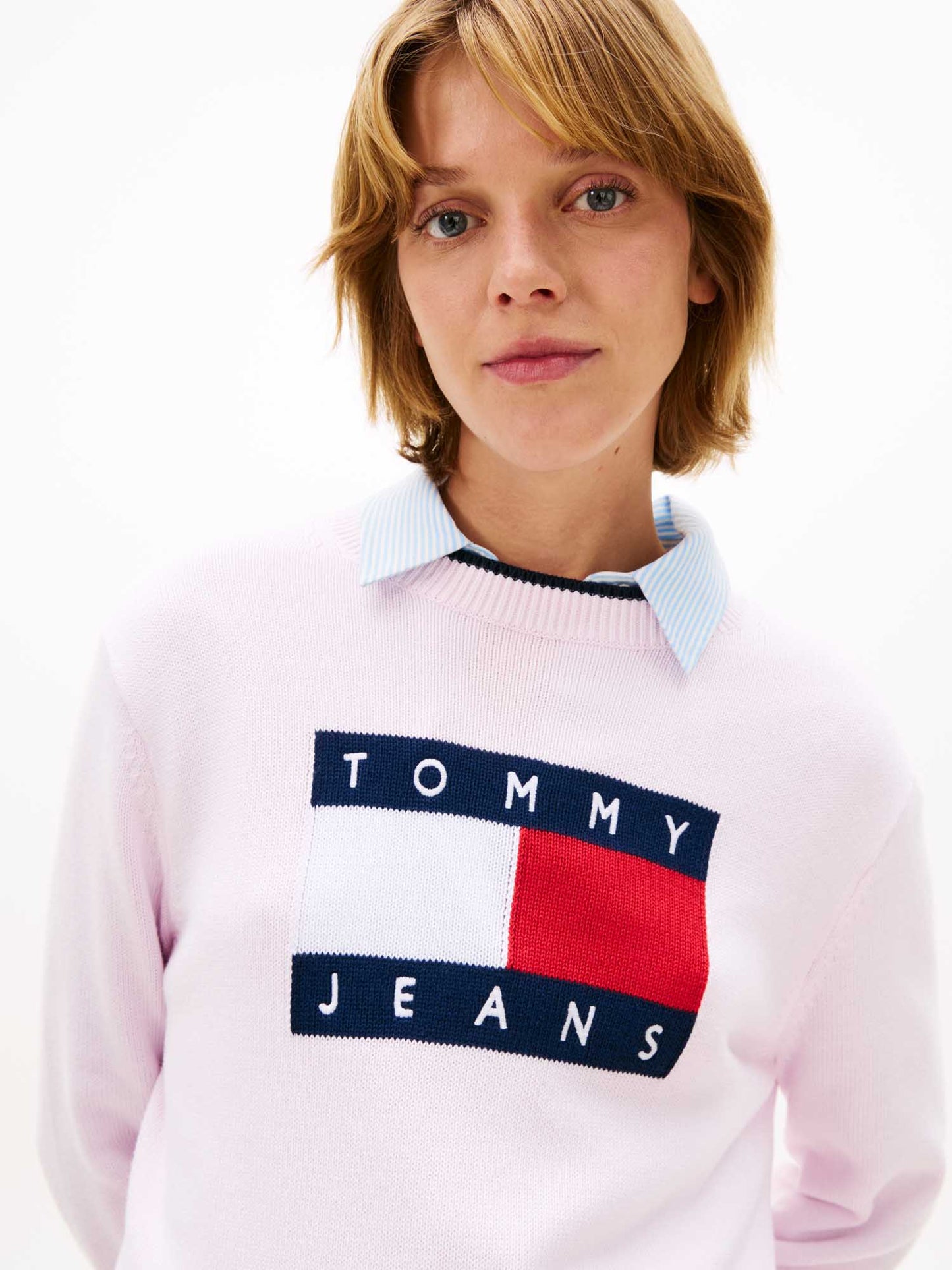 Pullover rosa Tommy Jeans da Donna con bandiera ricamata