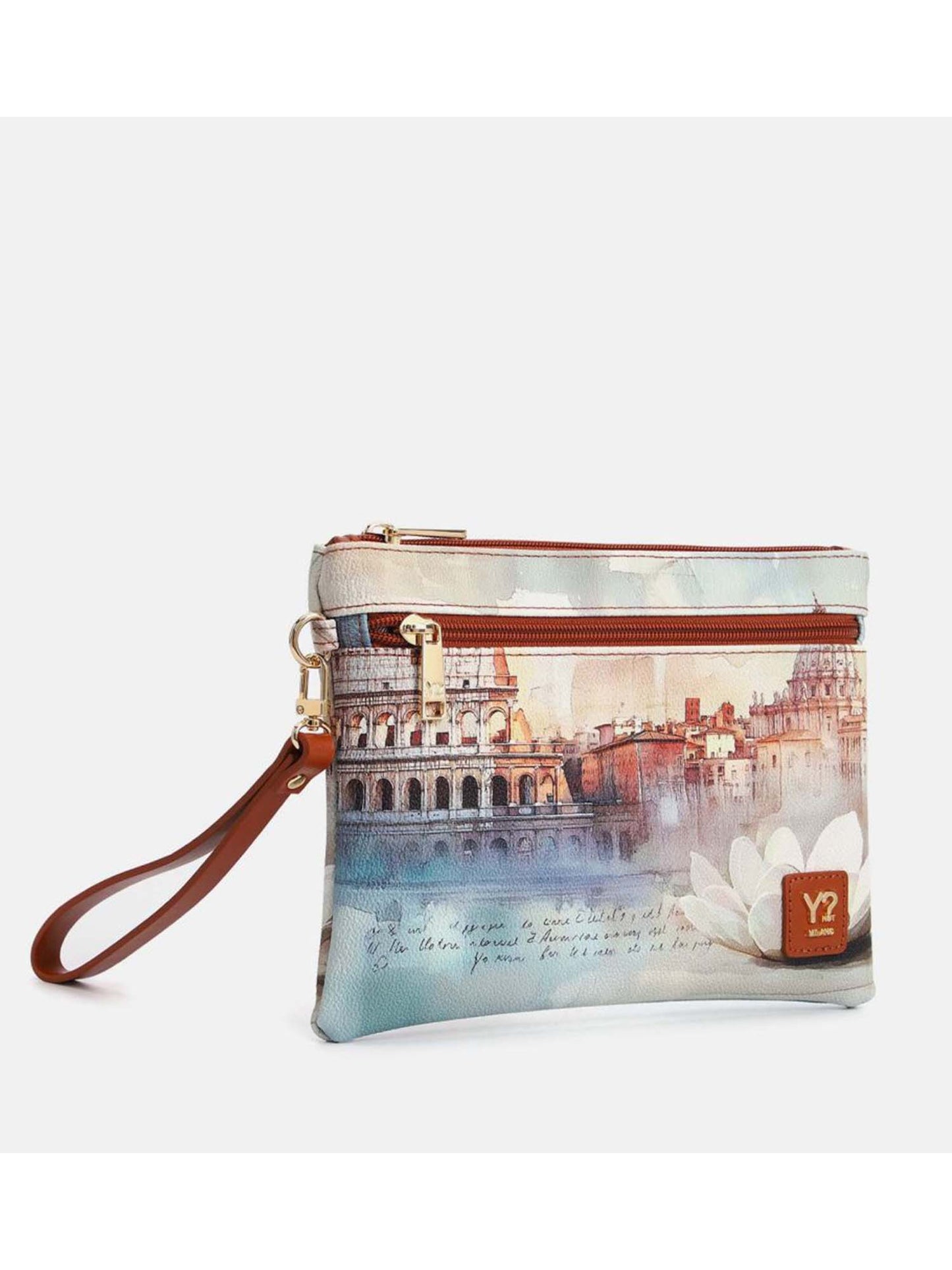 Y Not? Pocket Handle, bustina donna marrone con stampa ispirata a Roma