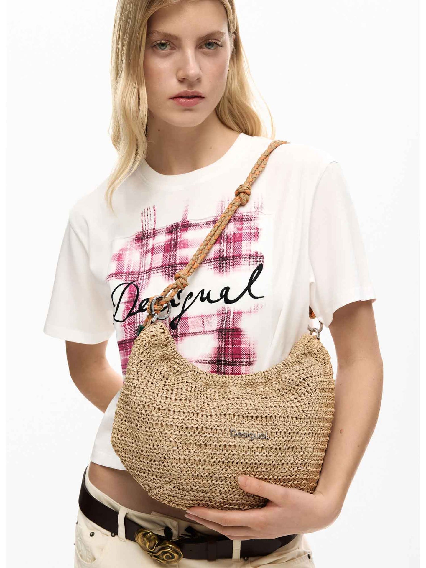 Borsa Desigual in rafia beige con charms removibili da donna