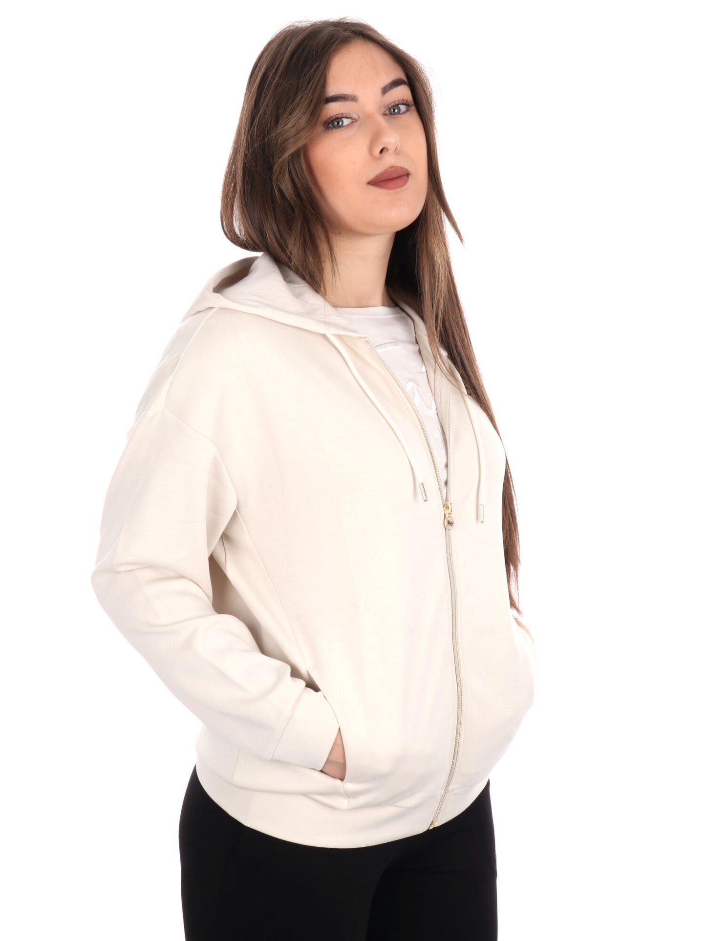 FELPA CON CAPPUCCIO E ZIP CORE LADY RELAX EA7 EMPORIO ARMANI DONNA PANNA