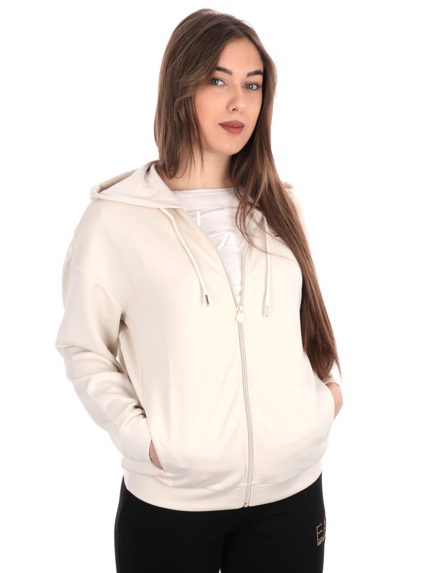 FELPA CON CAPPUCCIO E ZIP CORE LADY RELAX EA7 EMPORIO ARMANI DONNA PANNA