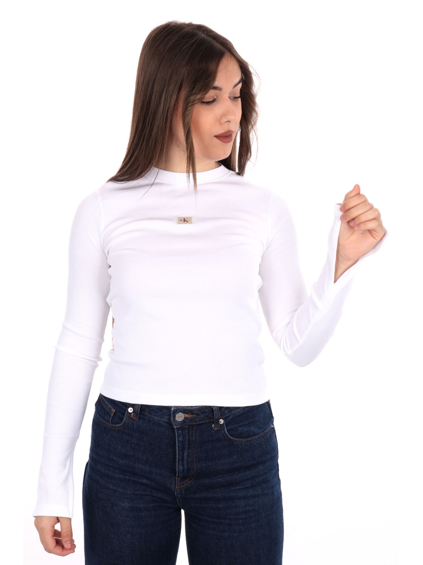 T-SHIRT A COSTINE WOVEN LABEL CALVIN KLEIN JEANS DONNA BIANCO