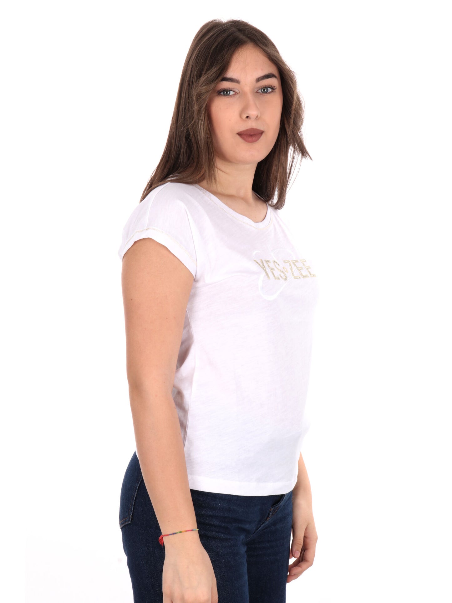 T-SHIRT CON STRASS YES ZEE DONNA BIANCO