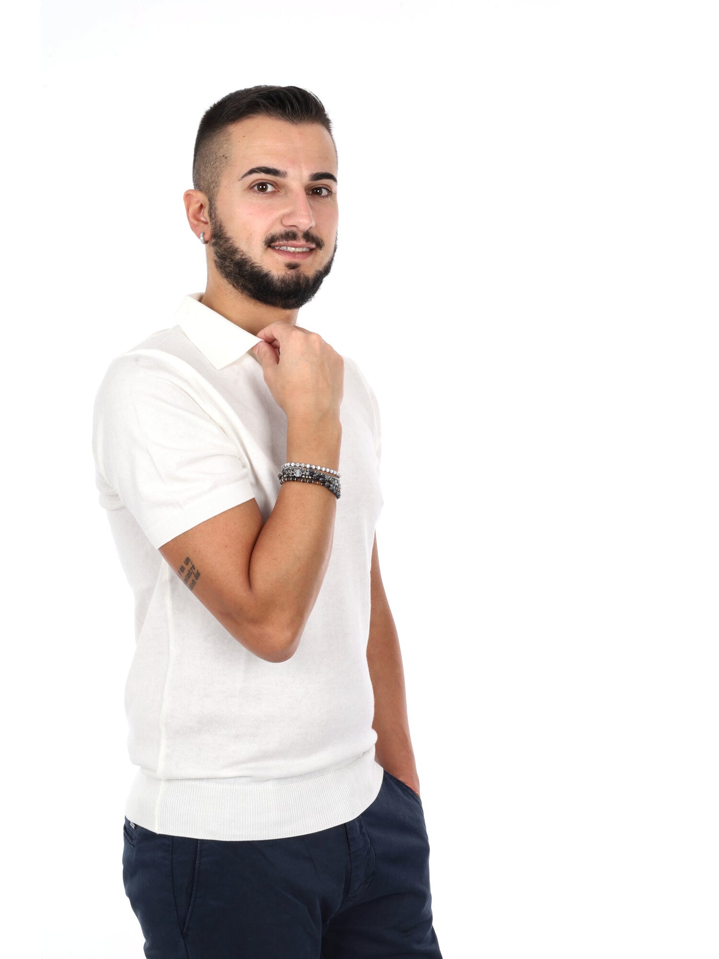 Polo da uomo Agnelli K652 in morbido cotone bianco con collo italiano