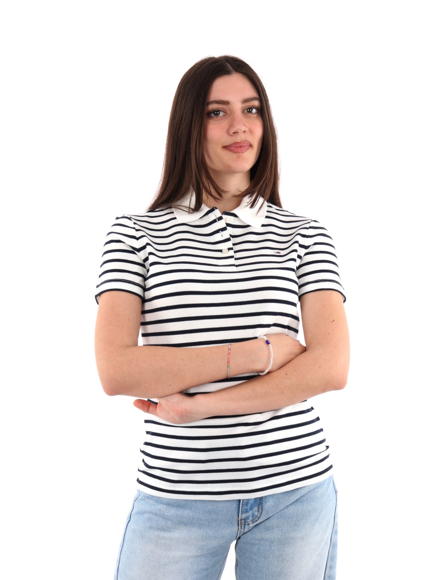 POLO SLIM ESSENTIAL TOMMY JEANS DONNA BIANCO-BLU