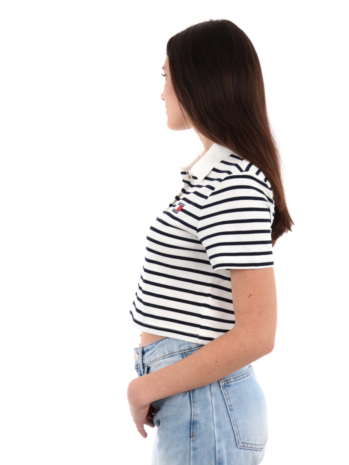 POLO CROPPED BADGE TOMMY JEANS DONNA BIANCO-BLU