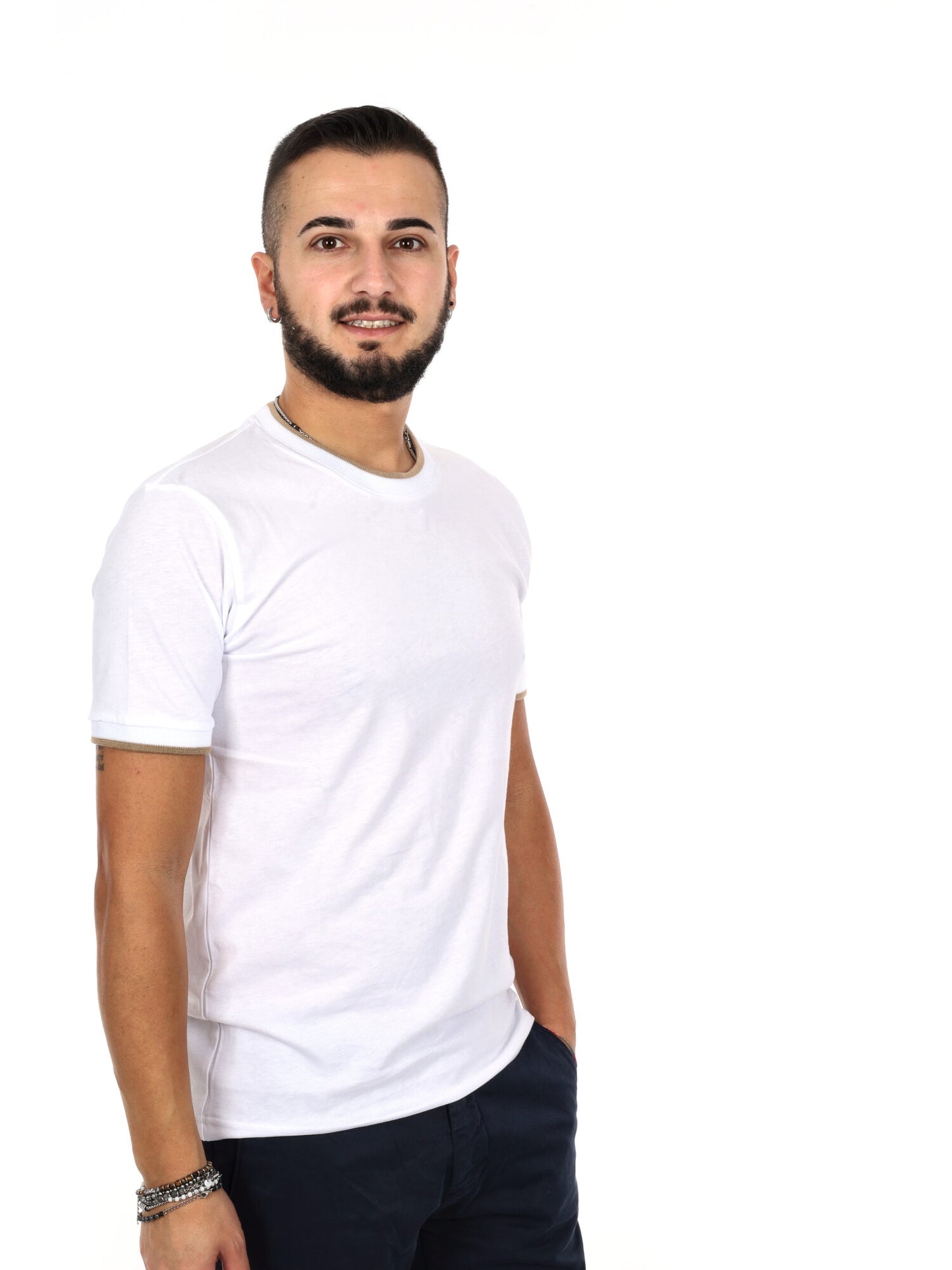 T-shirt da uomo Fb bianca con profili a contrasto beige