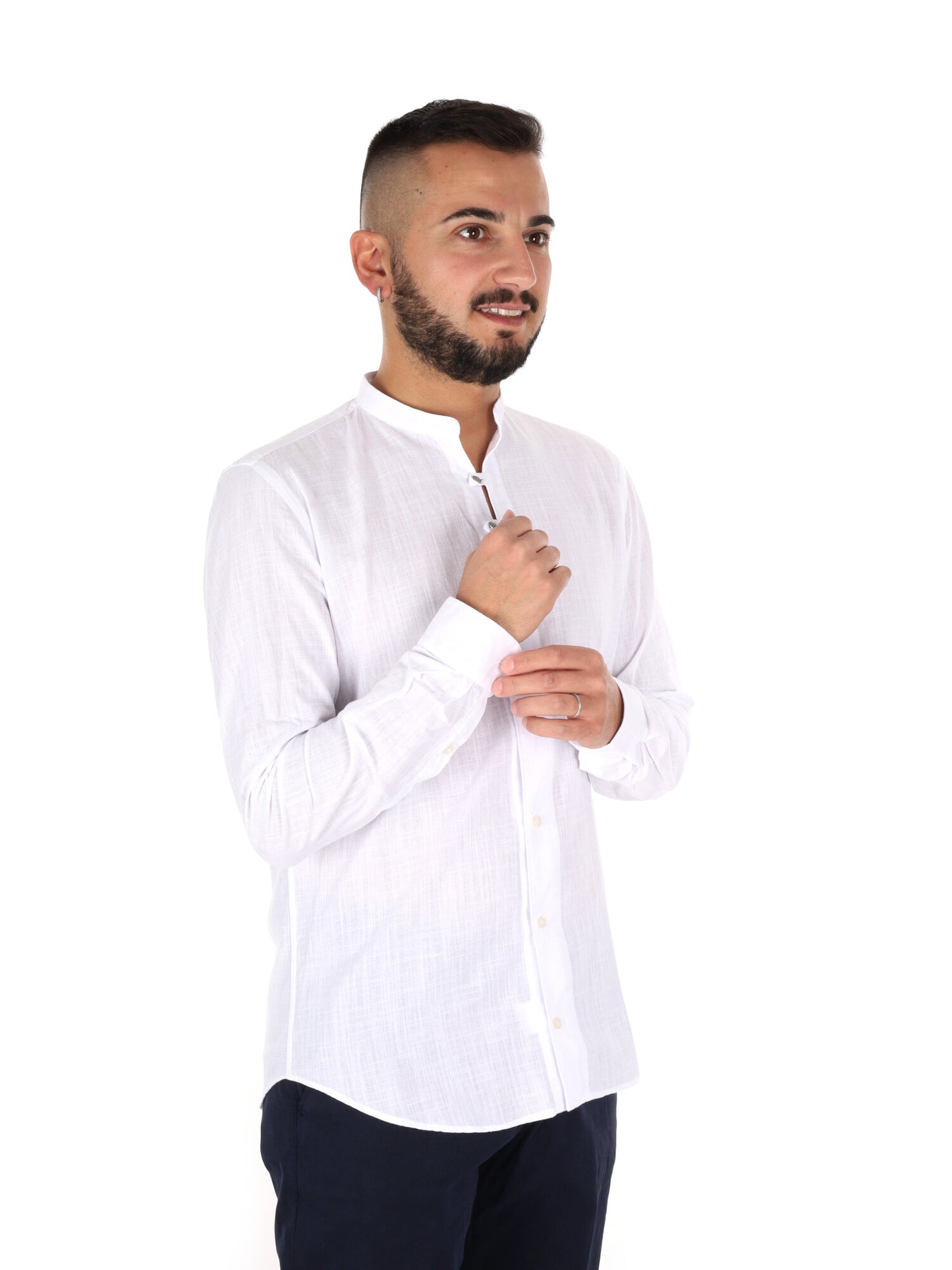 Camicia da uomo FB Fiaccola con colletto alla coreana bianca in cotone