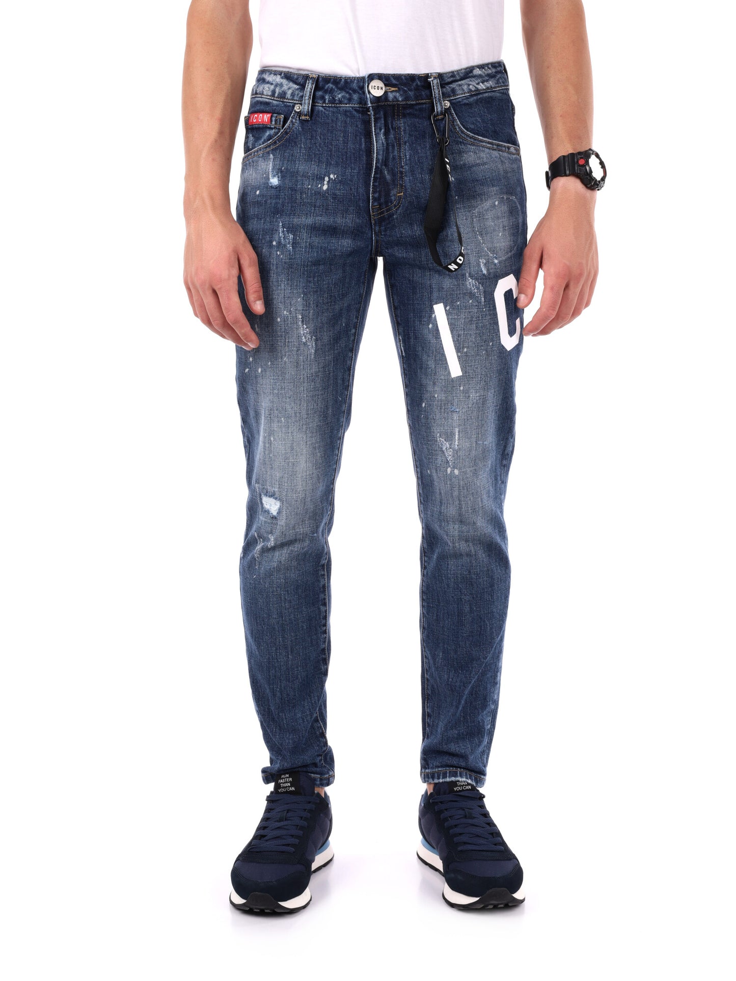 JEANS SLIM CON STAMPA LOGO ICON DA UOMO BLU DENIM
