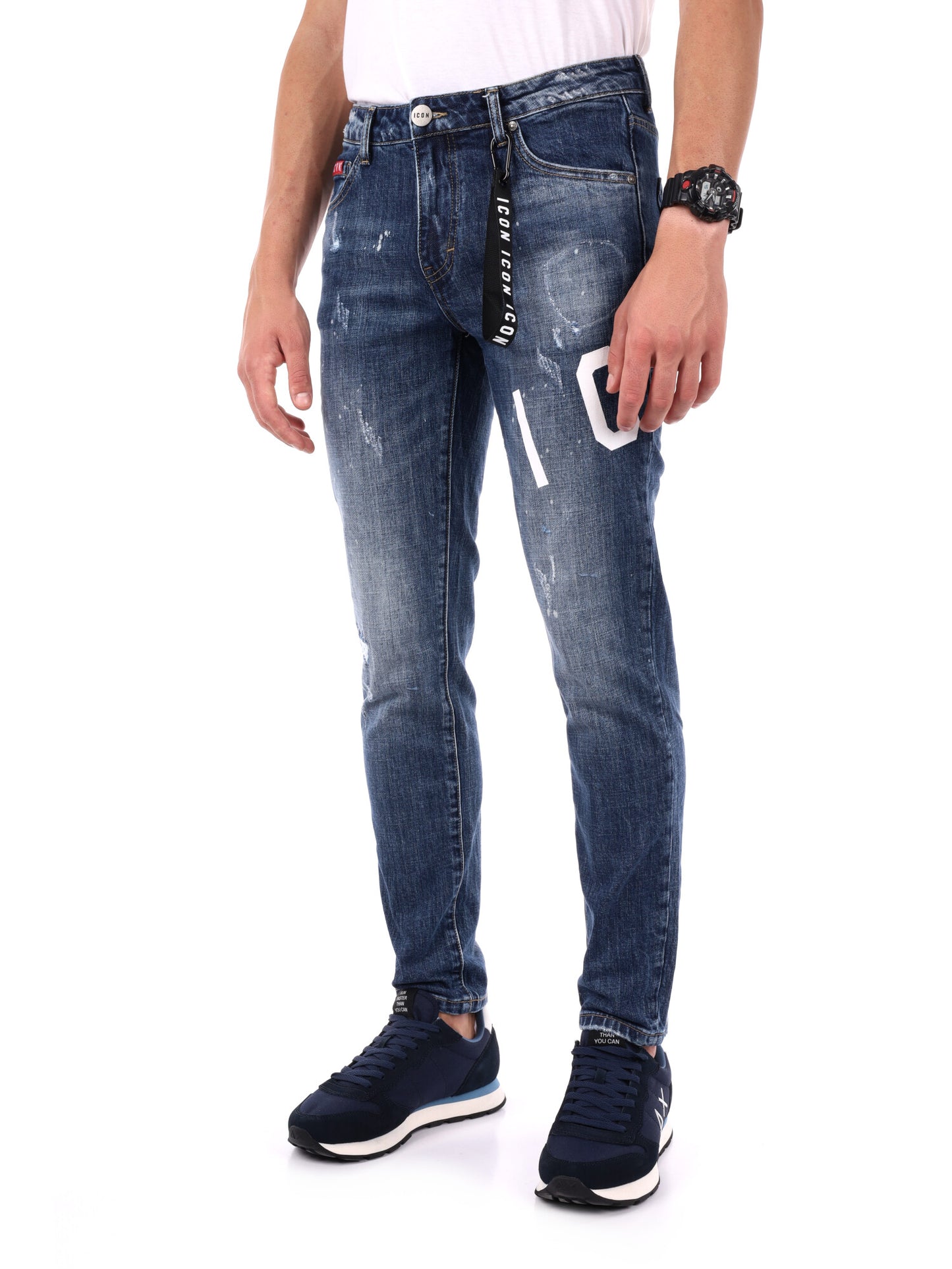 JEANS SLIM CON STAMPA LOGO ICON DA UOMO BLU DENIM