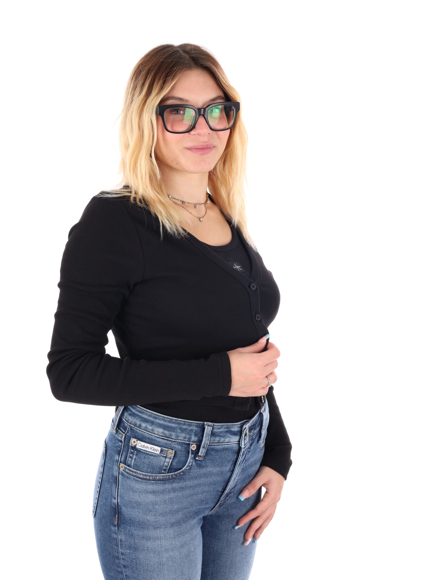 CARDIGAN A COSTINE CROP CALVIN KLEIN JEANS DA DONNA NERO