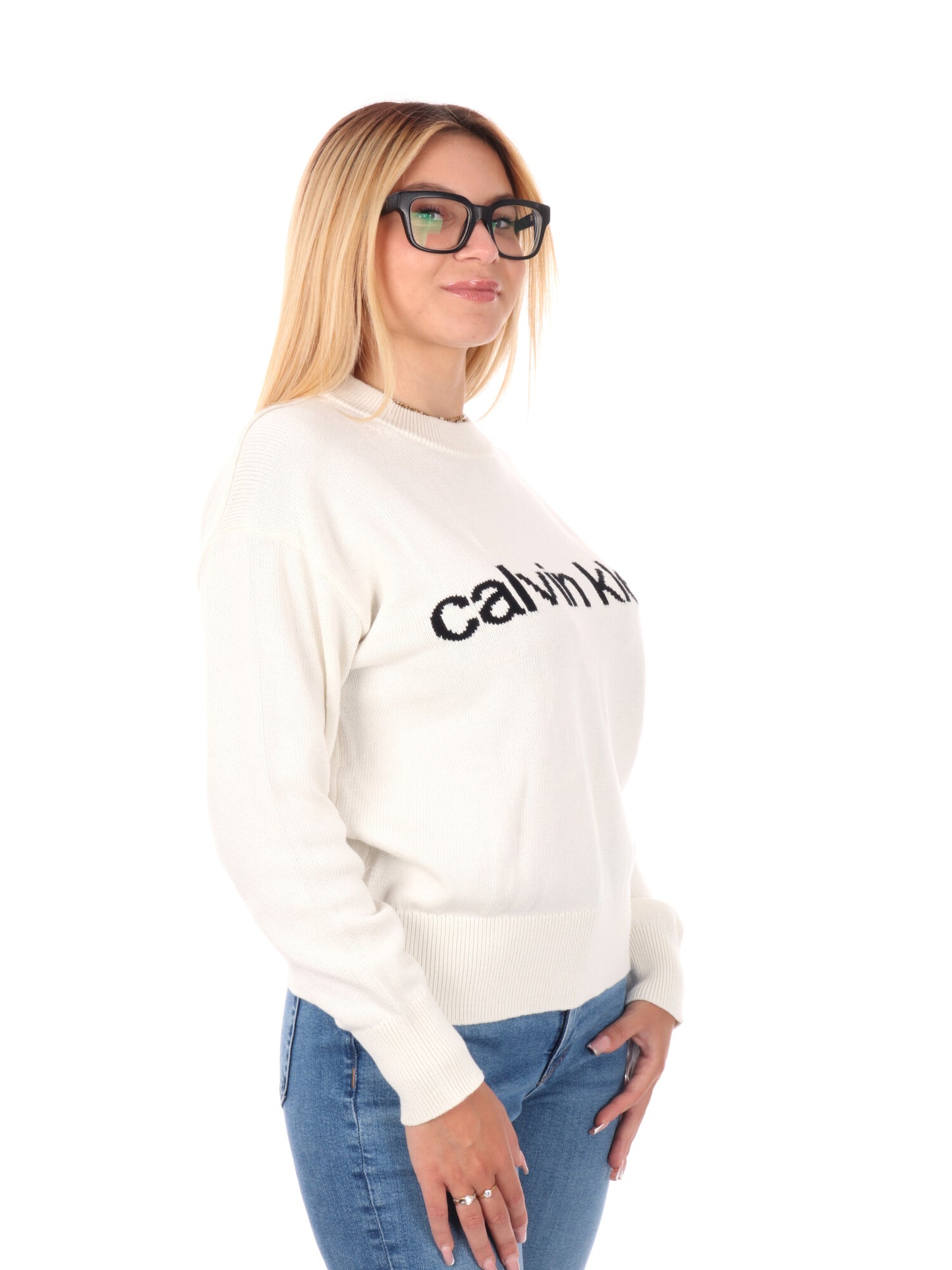 PULLOVER GIROCOLLO CON LOGO CALVIN KLEIN DA DONNA PANNA