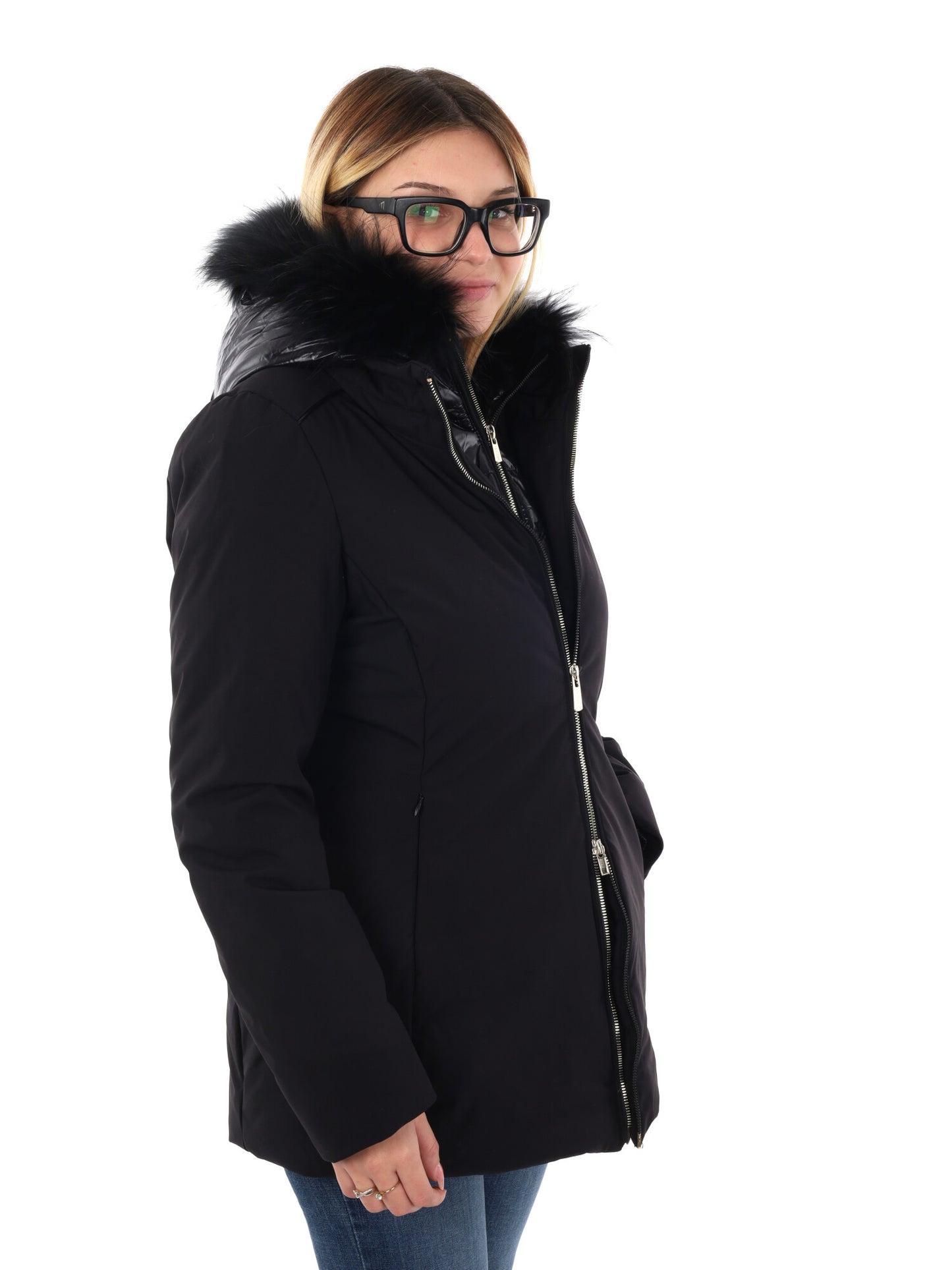 GIACCONE CON CAPPUCCIO E FINTO GILET YES ZEE DA DONNA NERO