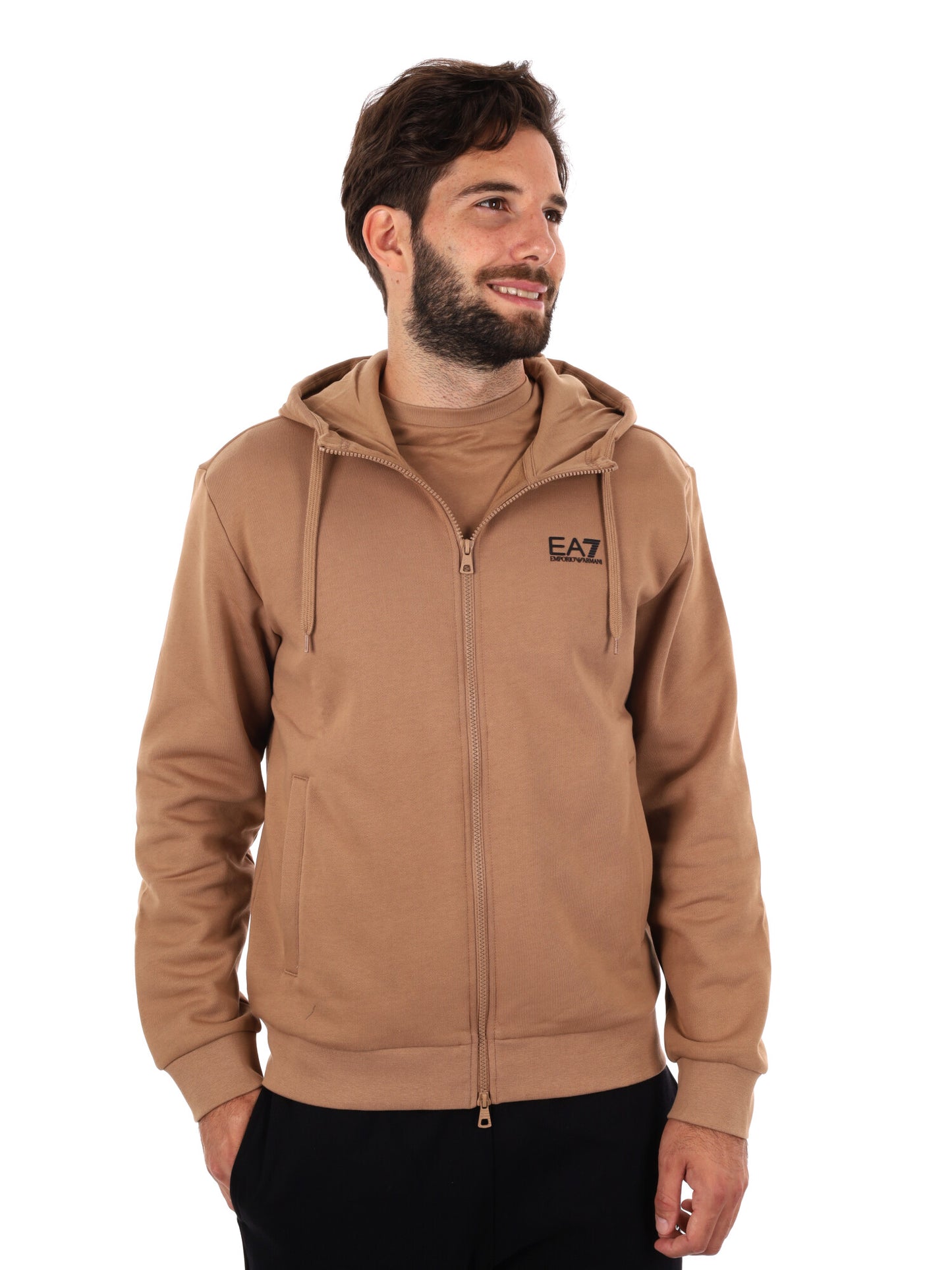 FELPA CON ZIP E CAPPUCCIO EA7 EMPORIO ARMANI DA UOMO CAMEL