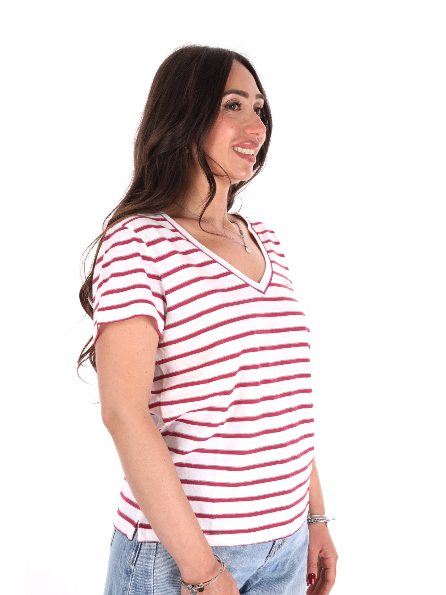 Pepe Jeans Megan V, t-shirt donna bianca con scollo a V e dettagli lurex