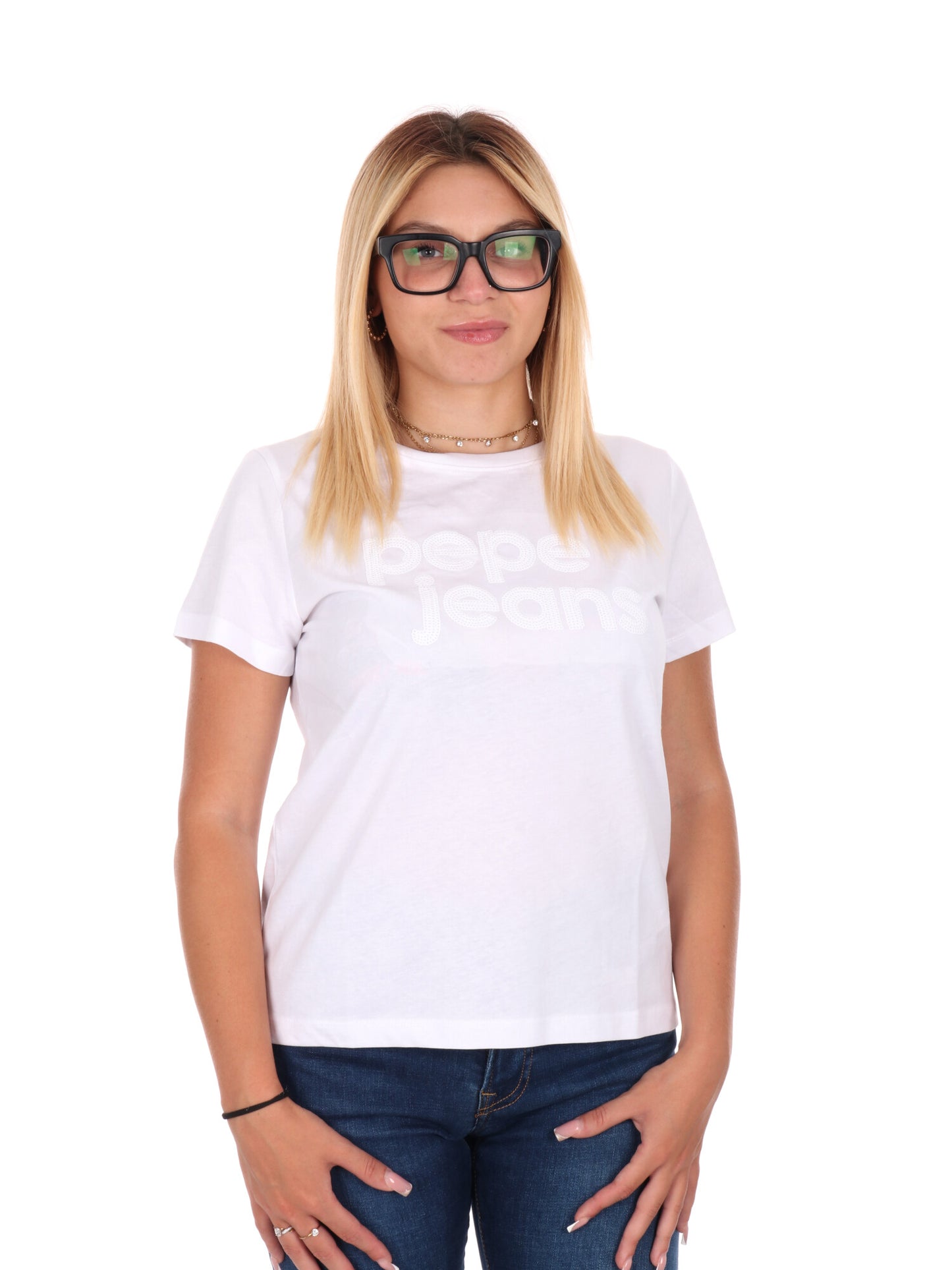 T-SHIRT LOGO PAILLETTES PEPE JEANS DA DONNA BIANCO