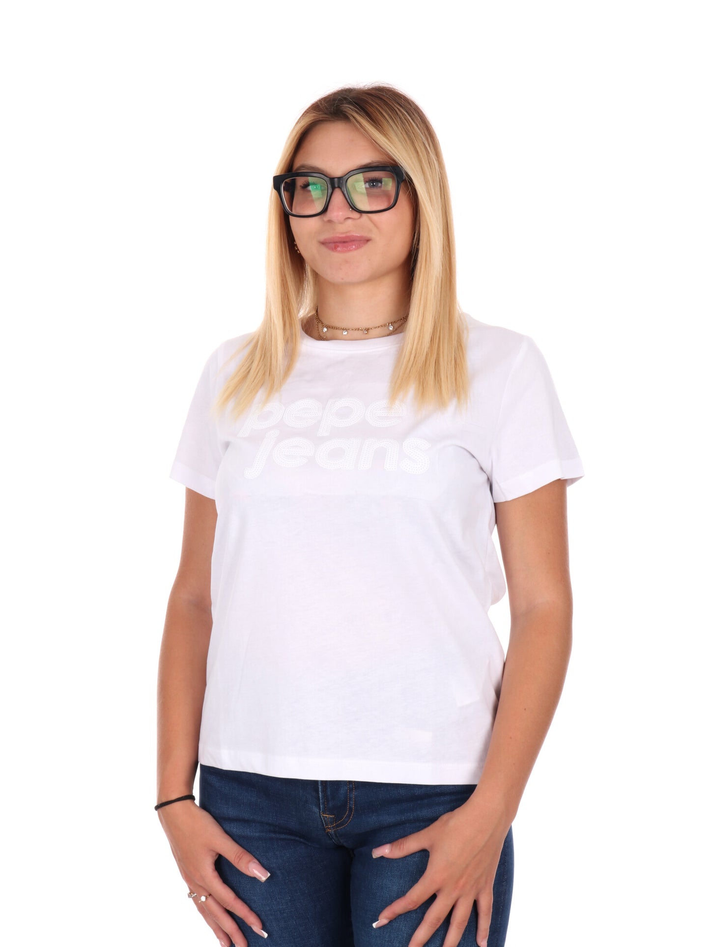 T-SHIRT LOGO PAILLETTES PEPE JEANS DA DONNA BIANCO