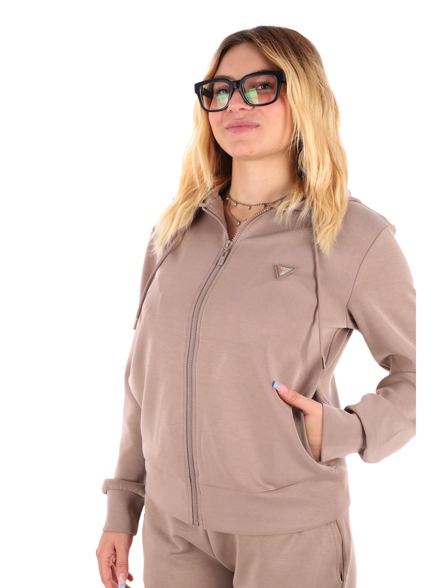 FELPA OLYMPE FULL ZIP E CAPPUCCIO GUESS DA DONNA TAUPE