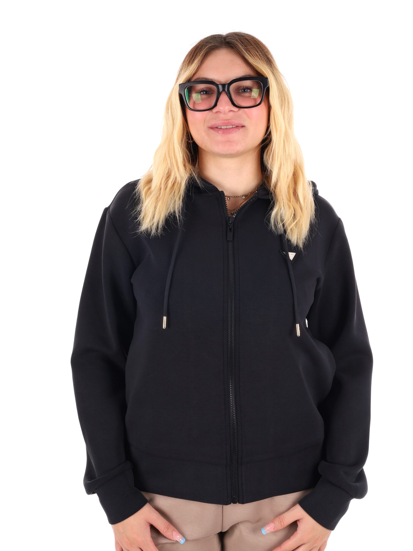 FELPA OLYMPE FULL ZIP E CAPPUCCIO GUESS DA DONNA NERO